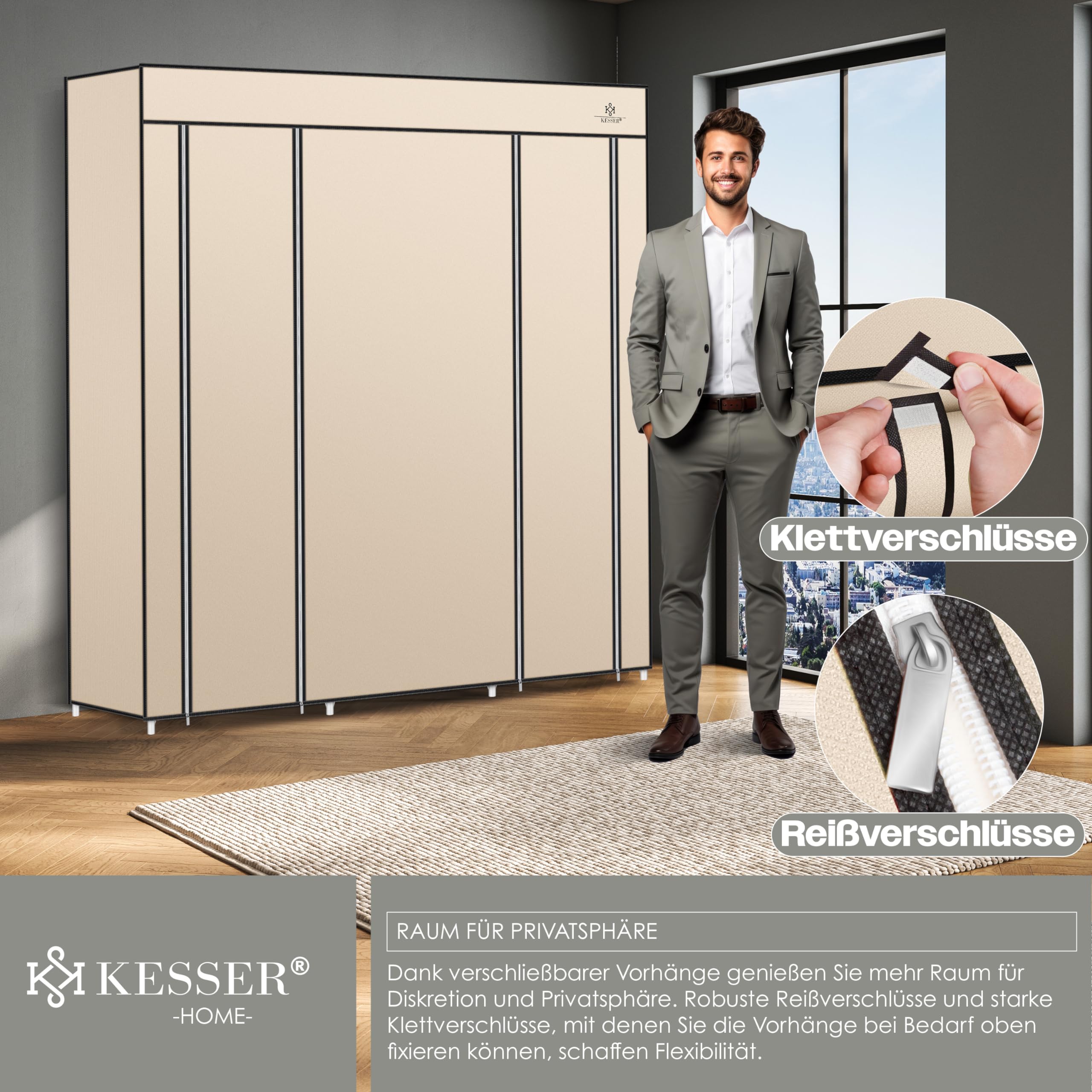 KESSER® Armario, Armario de Tela, Robusto con Barra de Colgar y estantes, Incl. 5 Perchas, Armario con Perchero, 150x45x175cm, Beige
