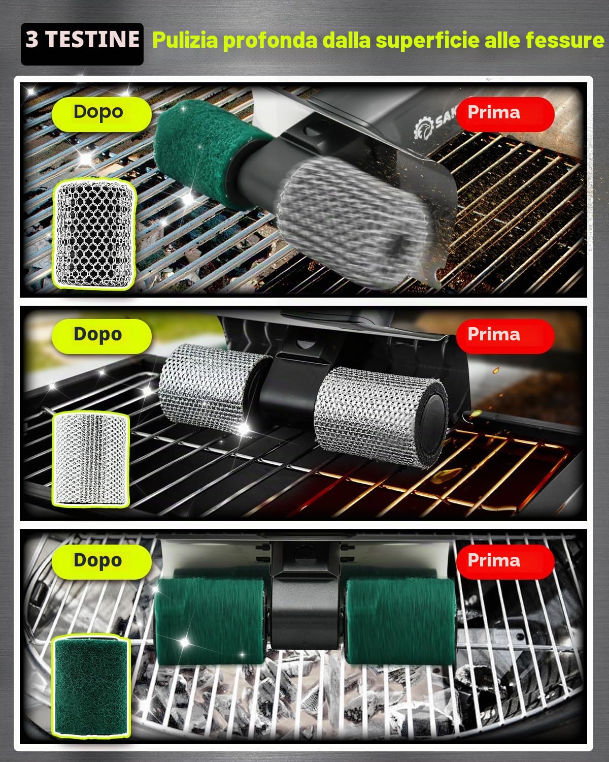 Saker Spazzola Elettrica per Griglia per Griglia Esterna, Spazzola Automatica per la Pulizia della Griglia Senza Setole con 450 RPM e Luce LED, Set di Spazzole Grill Rescue BBQ con 3 Testine