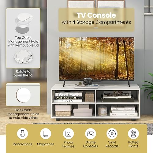 Miniatura 7 de Tangkula Soporte de TV blanco para TV de hasta 40 pulgadas, mesa consola multimedia con 4 cubículos, estantes ajustables en 5 posiciones, centro de
