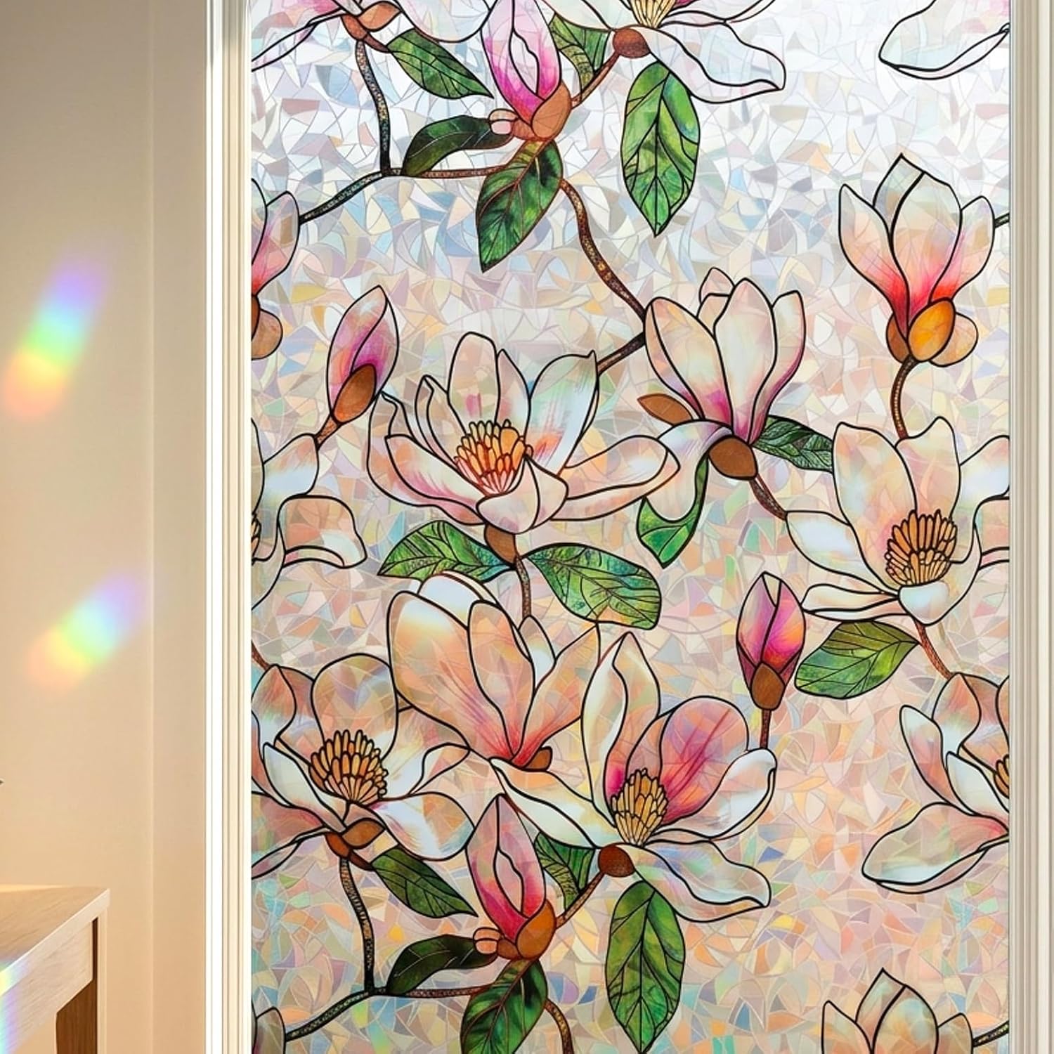 Magnolia Flower Stained Glass Window Privacy Cling Rainbow Tinted Glass Door Film Sun Blocking Floral Covering Stickers Decal for Home,35 inches by 78.7 inches