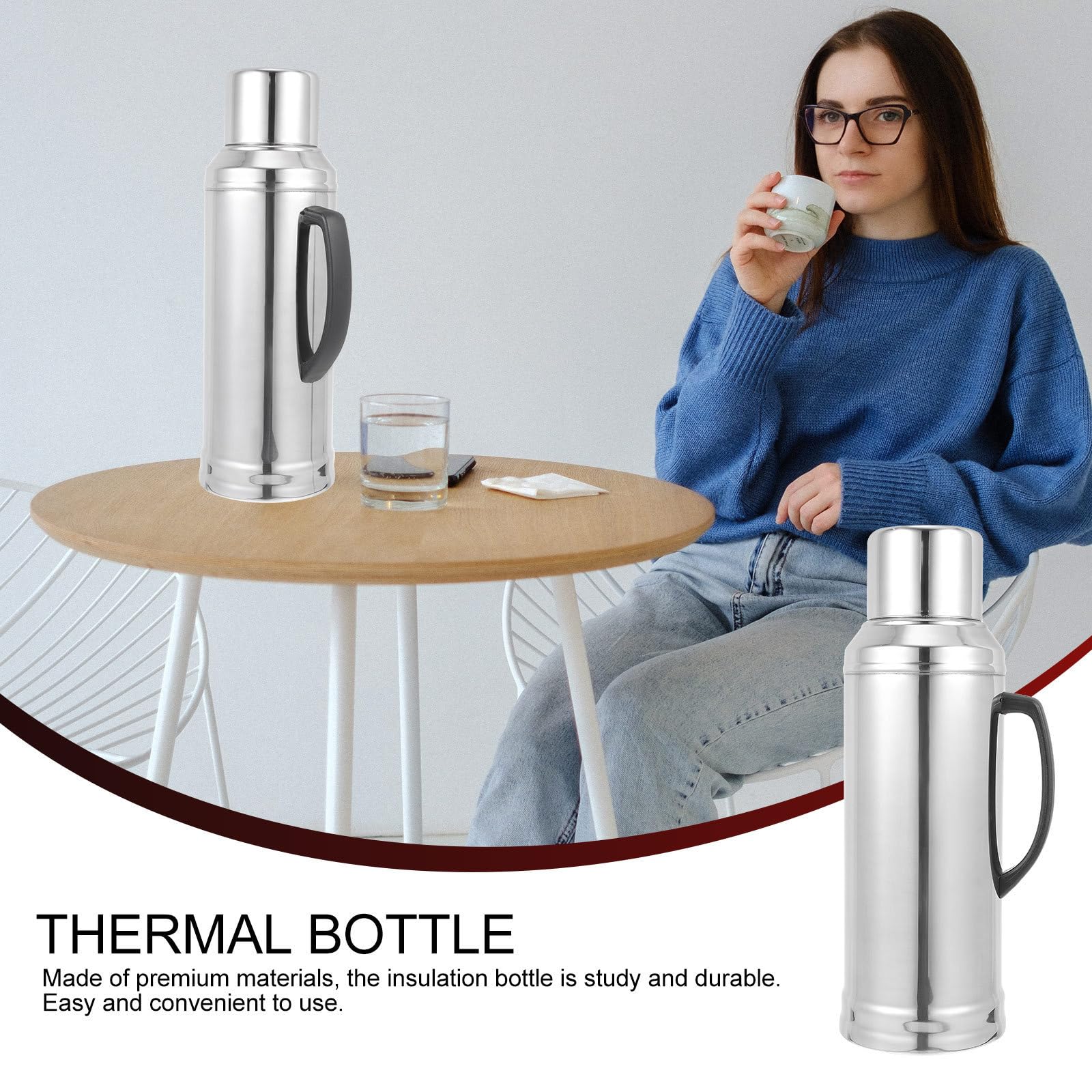 GALPADA Pichet Isotherme en Acier Inoxydable Intérieur en Verre, Grosse Capacité Portable pour Bureau et Voyage, Bouteille Thermique Saine et Sécurisée Argenté
