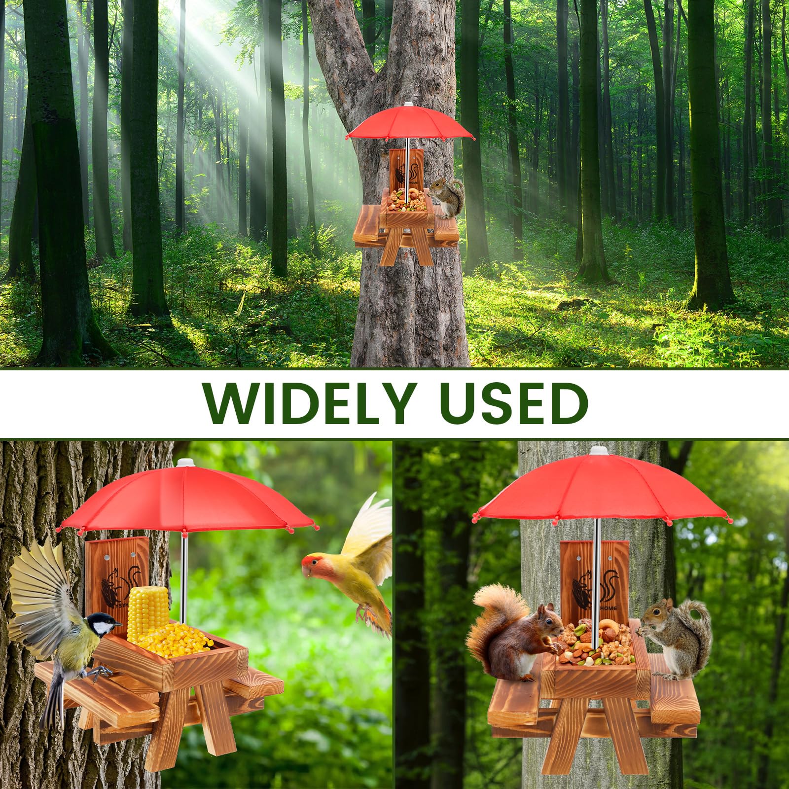 Alimentador de ardilla de madera con paraguas,Alimentador de ardilla para exteriores Mesa de picnic Divertida con estructura sólida Alimentador de ardilla con soporte para mazorcas de maíz