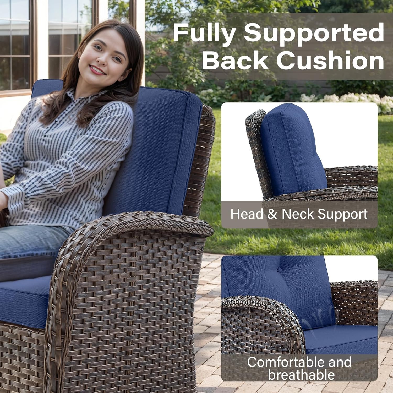 Belord Patio Furniture Swivel Glider PE Wicker Chairs, Outdoor Swivel Rocker Seating with Cushions for Porch Deck Balcony, Brown Wicker Blue Cushion