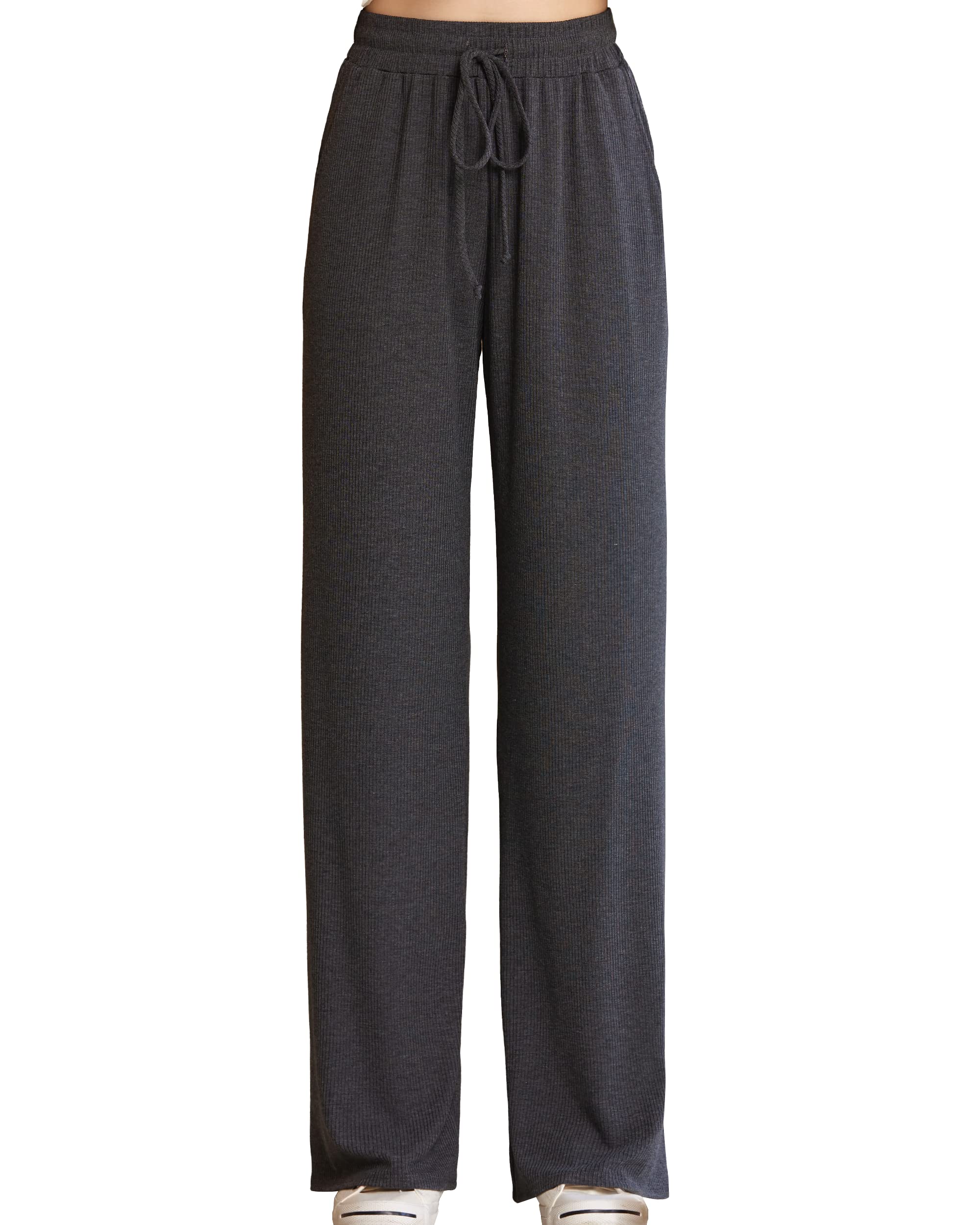 noflik Womens Casual Elastic High Waisted Drawstring Wide Leg Ribbed Knit Pants with Pockets