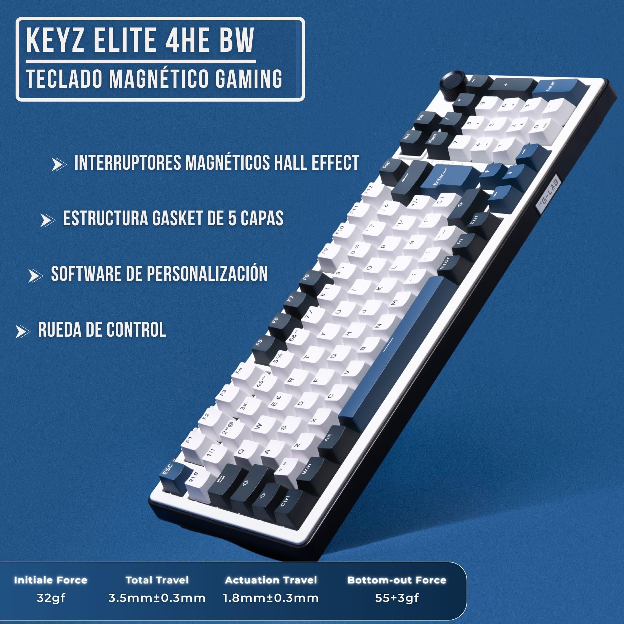 The G-Lab Keyz Elite 400 HE BW - Teclado Gaming Magnético 96% RGB | QWERTY ES con Ñ, Switch Magnético Hall Effect, Formato 96%, 8000 Hz Rapid Trigger, Hot Swap, RGB, Macros Personalizables