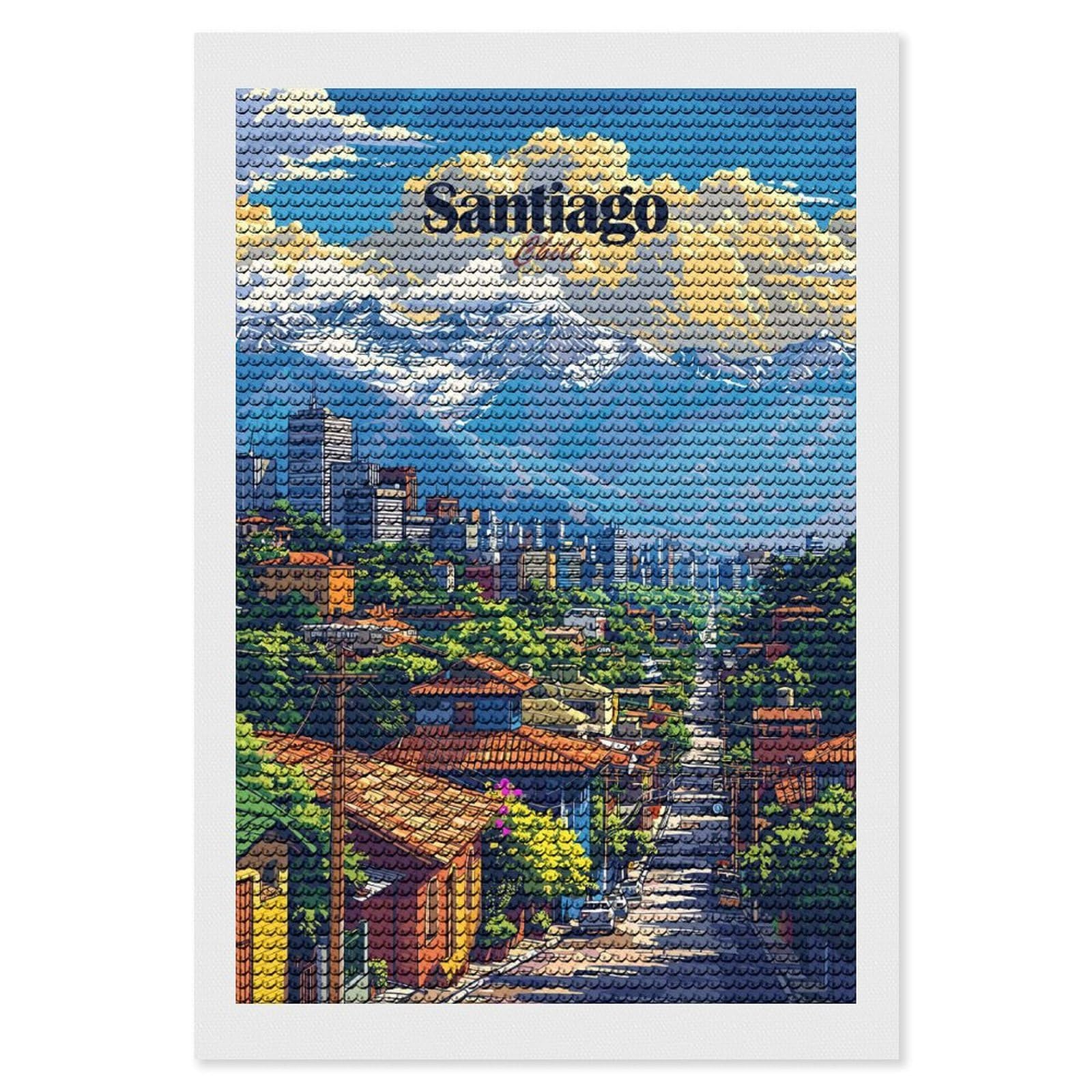 Junmoney Santiago Chile Cityscape Illustration Diamond Painting Set 8"x12", Neat Printed Canvas, with Tool Kit, Bedroom Decor, Gift Idea, Complete Accessories