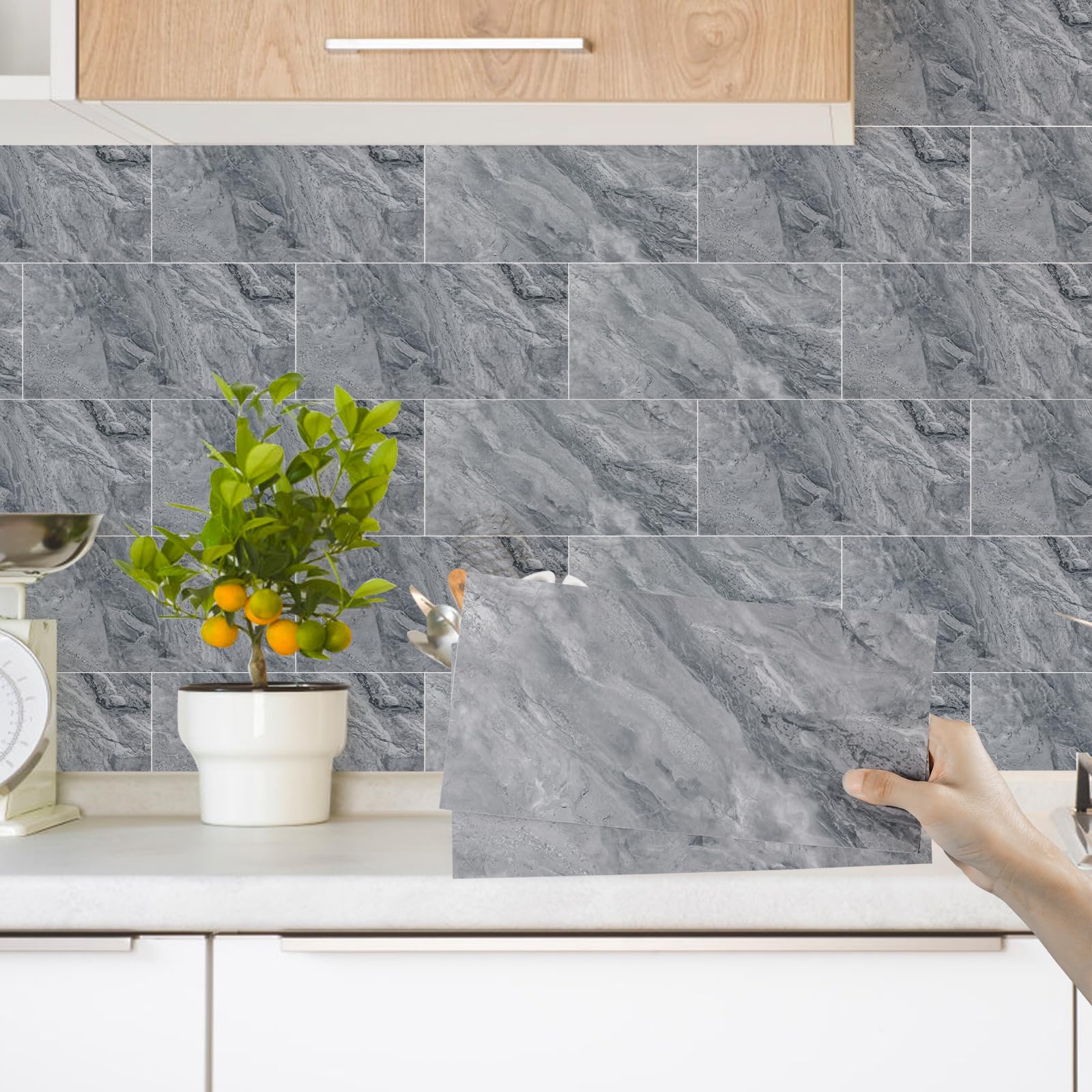 DecoroomMarble Tile Stickers 12pcs/15x30cm,Grey Self Adhesive Wall Tiles,Waterproof Peel and Stick for Kitchen Backsplash Bathroom DIY Home Decor Vinyl