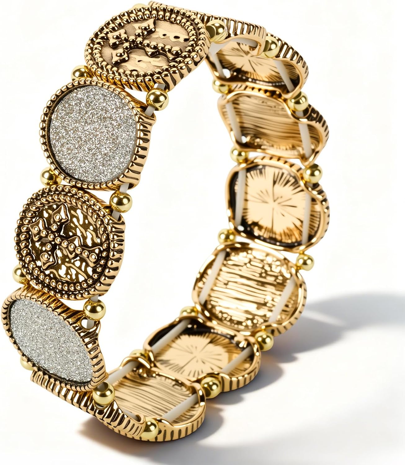 Vintage Bracelet for Women, Carved Silver/Gold Stretch Wristband with Blue/Silver Sparkle, Unique Boho Gifts For Men Women