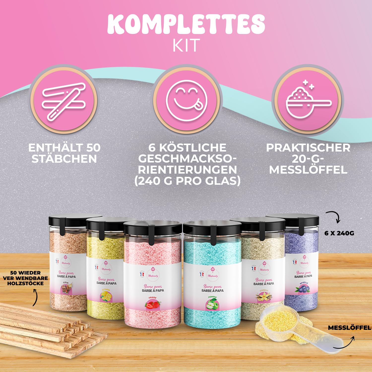 Misskandy® 6-smakowy zestaw do waty cukrowej, 72 porcje - zawiera 50 patyczków do maszyny do waty cukrowej - smaki obejmują colę, wanilię, truskawkę, jagodę, cytrynę i jabłko