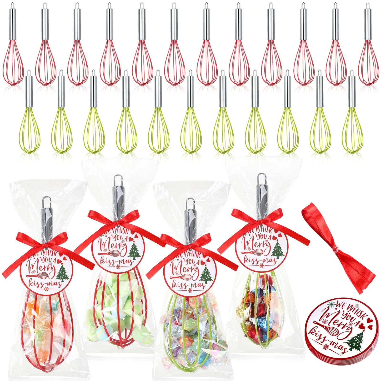 FoldTier 72 Sets 8 Inch Christmas Whisks Gifts DIY Fillable Christmas Tree Ornaments Xmas Colored Silicone Whisks for Cooking Heat Resistant Egg Beaters with Card Rope Bag for Candy Holder