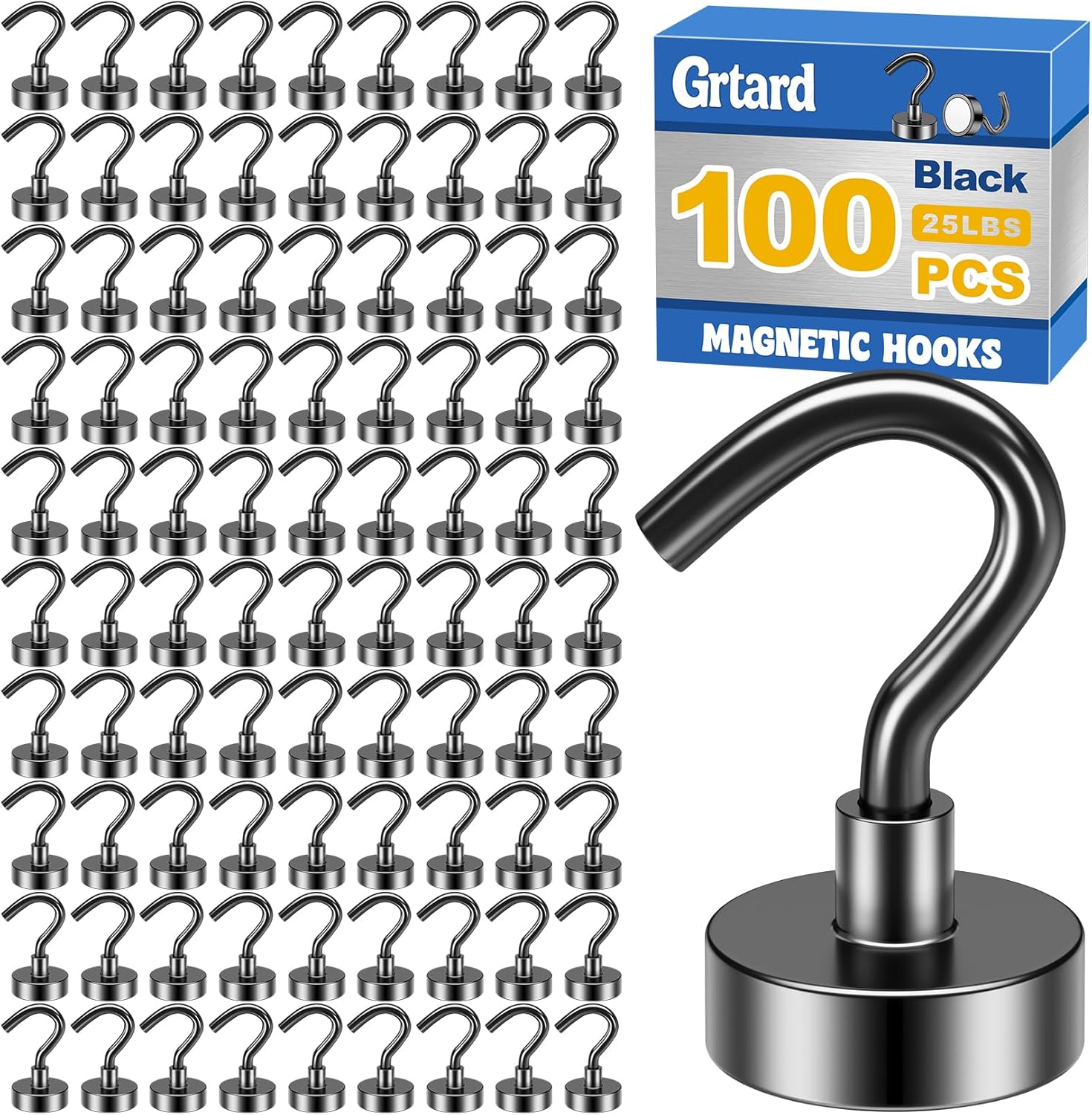 Grtard 100Pack Black Magnetic Hooks Heavy Duty, 30LBS Neodymium Magnet Hooks for Cruise, Strong Magnetic Hooks for Hanging, Magnets with Hooks for Home, Kitchen, Workplace, Office