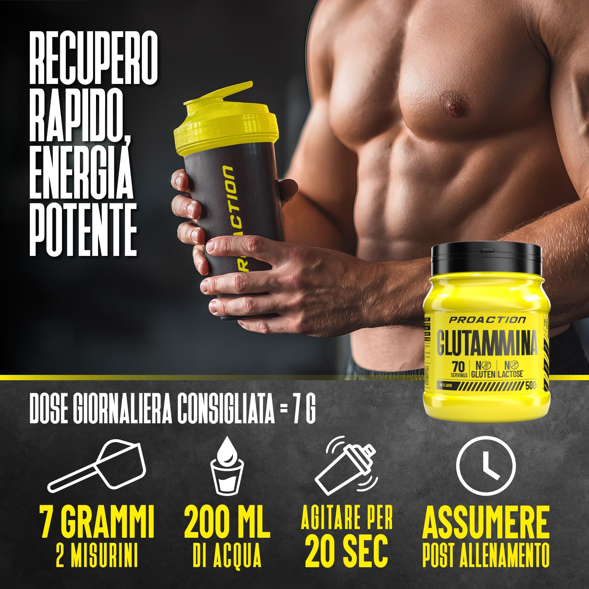 ProAction Glutammina in Polvere | L-Glutammina 100% Pura | Recupero Muscolare & Energia Post-Allenamento | Senza Glutine & Lattosio | 70 Porzioni | 500g