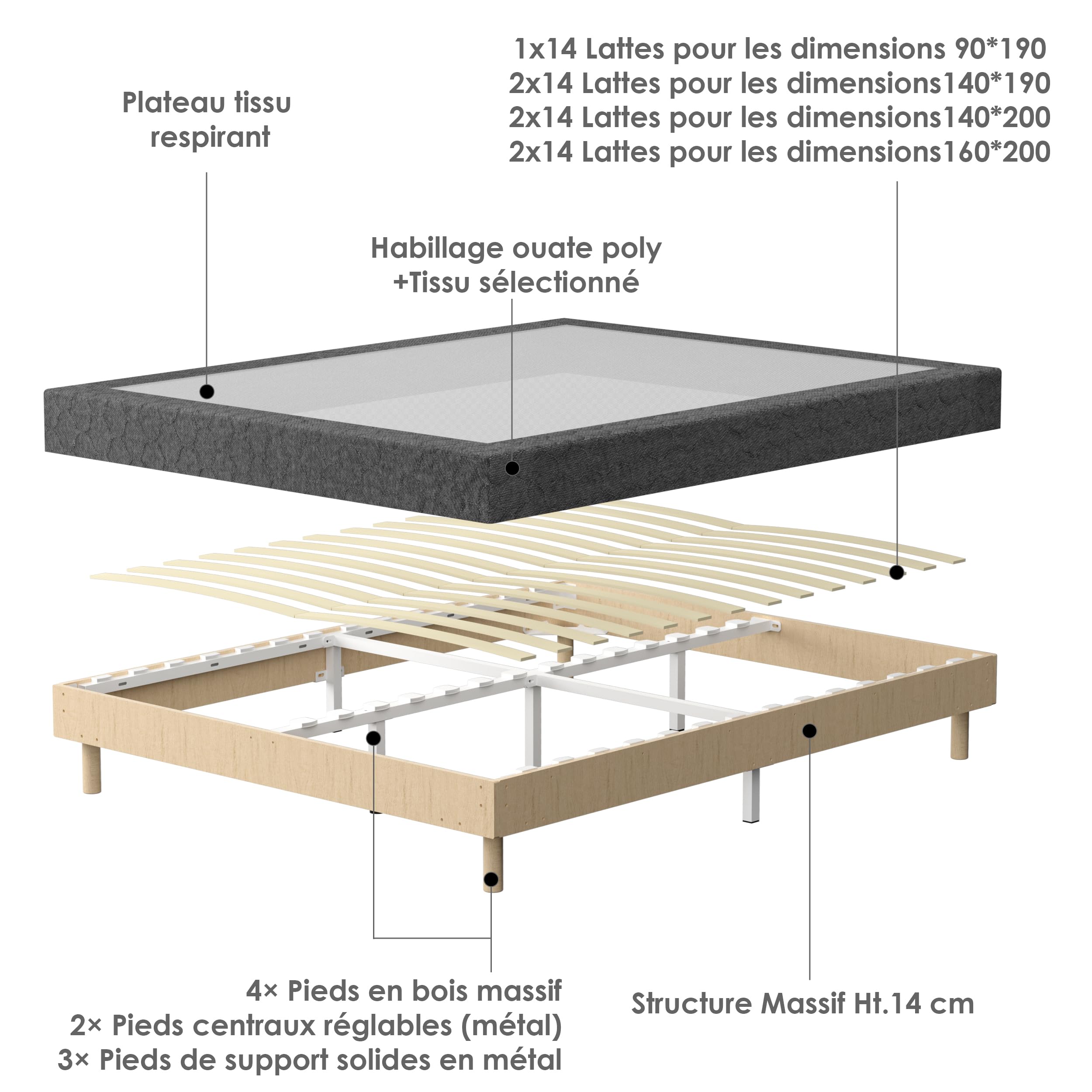 TEENO Sommier 160x200 | Lit 160 x 200 avec Sommier | Sommier Tapissier | 2x14 Lattes avec 9 Pieds | Hauteur du Cadre de Lit 29 cm | Espace de Couchage Spacieux et Confortable pour Toute la Famille