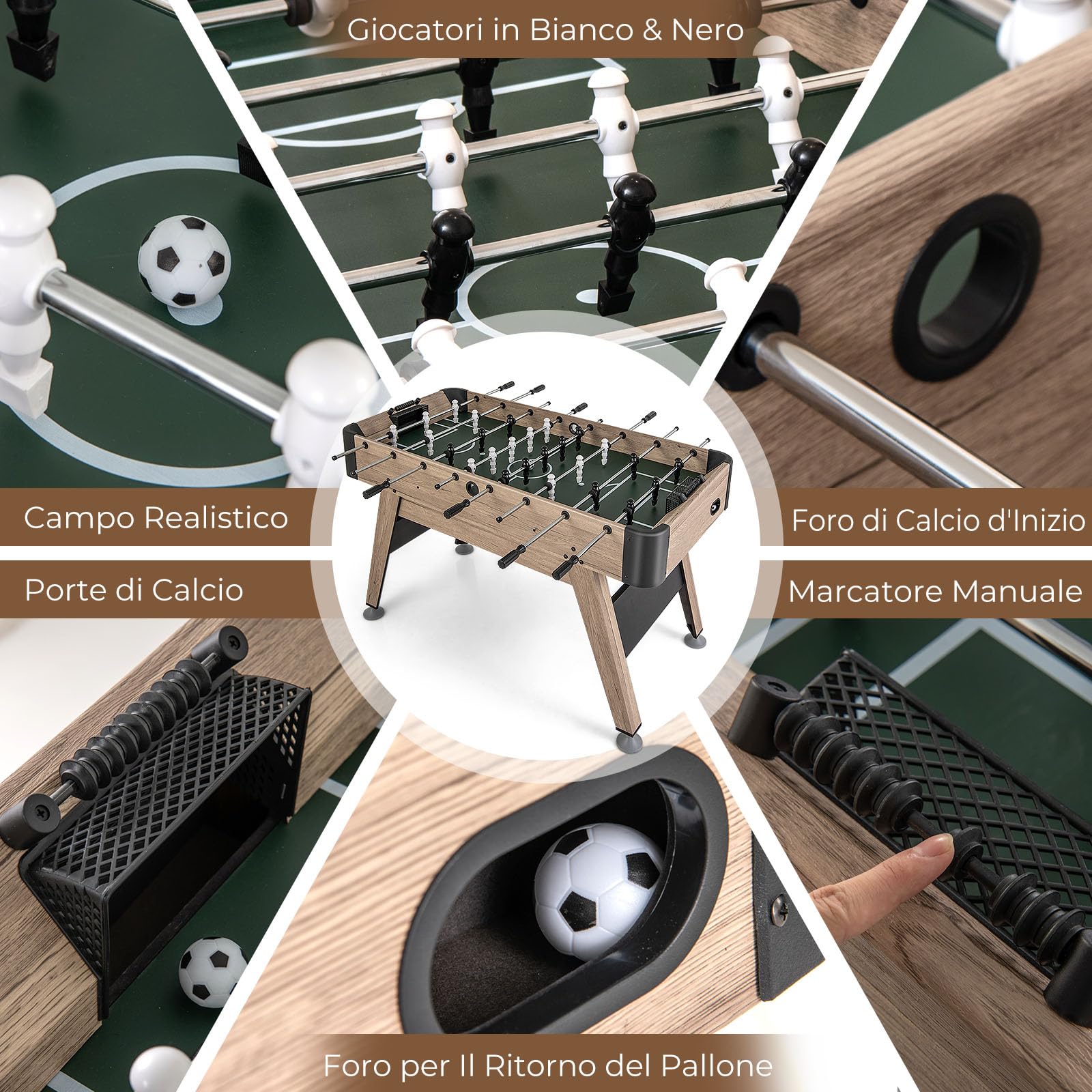 GYMAX Tavolo da Calciobalilla di 137 cm, Set da Gioco di Calcio con 2 Palloni per Bambini, Adolescenti e Adulti, Calcio Balilla in Legno per Casa, Sala Giochi, Ufficio