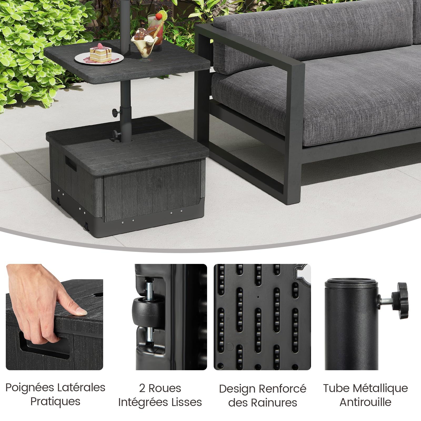 RELAX4LIFE Base de Parasol avec Table Basse Carrée 3-en-1 (Noir)