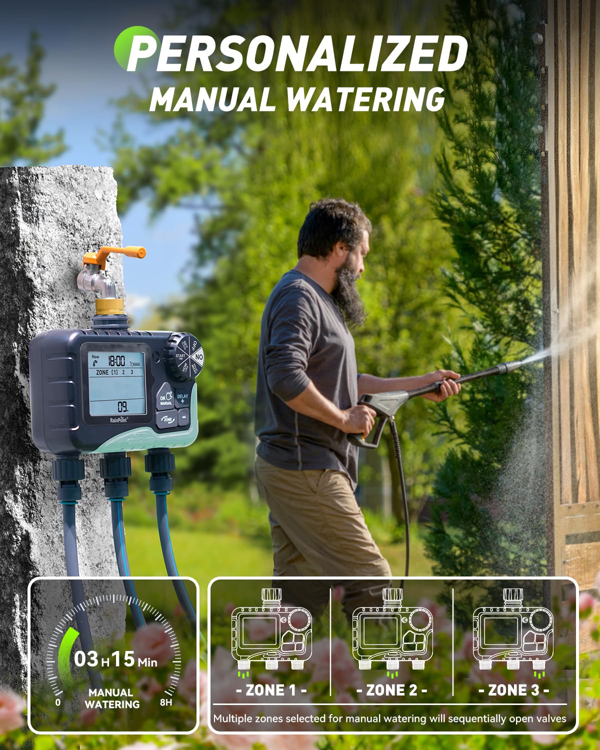RAINPOINT Timer per irrigazione a 3 zone con ingresso in ottone, timer di irrigazione impermeabile IP65, sistema di irrigazione manuale con ritardo della pioggia con ampio display LCD per cortile
