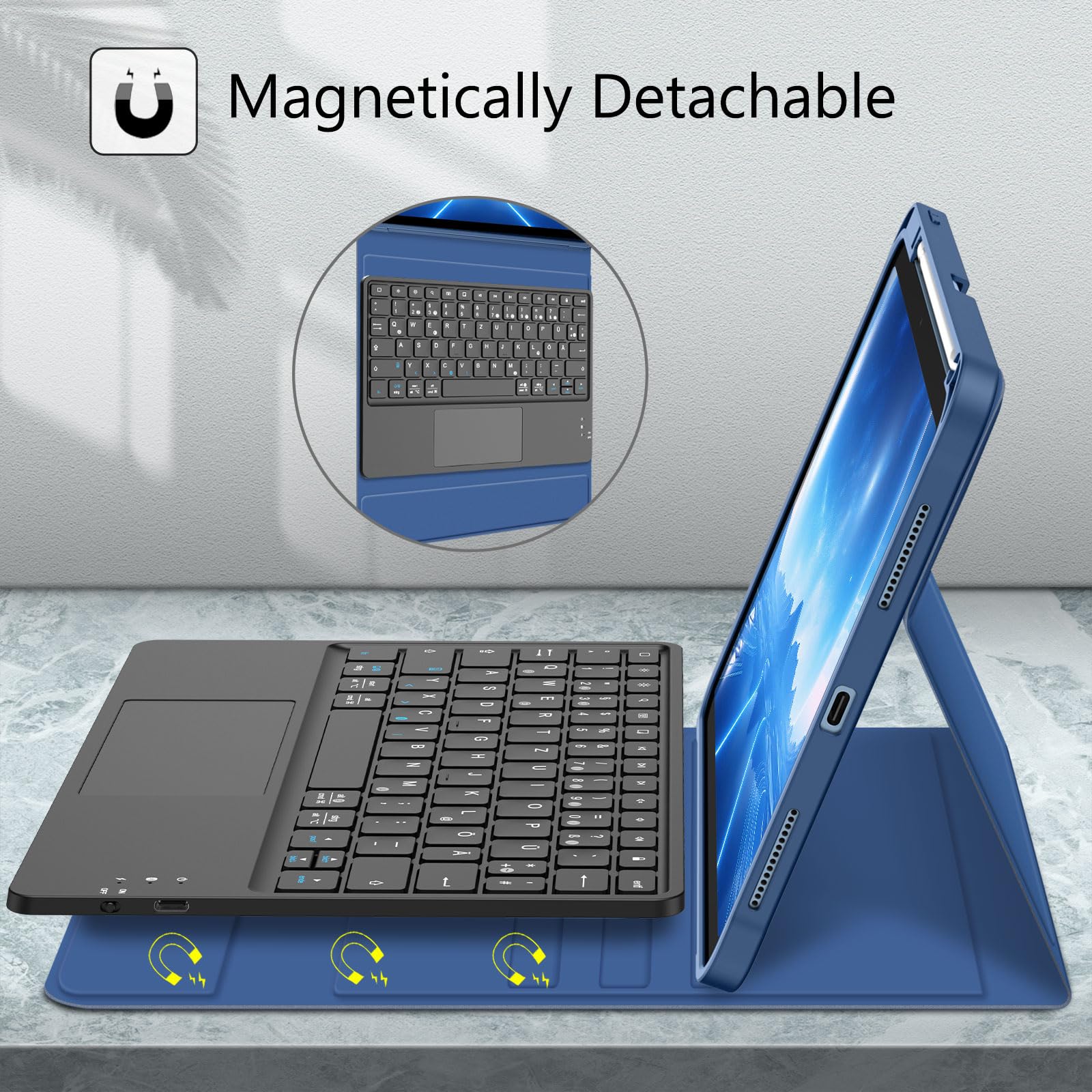 FINTIE Etui na klawiaturę do iPad 11. generacji 2025 11", iPad 10. generacji 2022 10,9" etui ochronne z magnetycznie zdejmowaną niemiecką klawiaturą i touchpadem z układem QWERTZ, granatowe