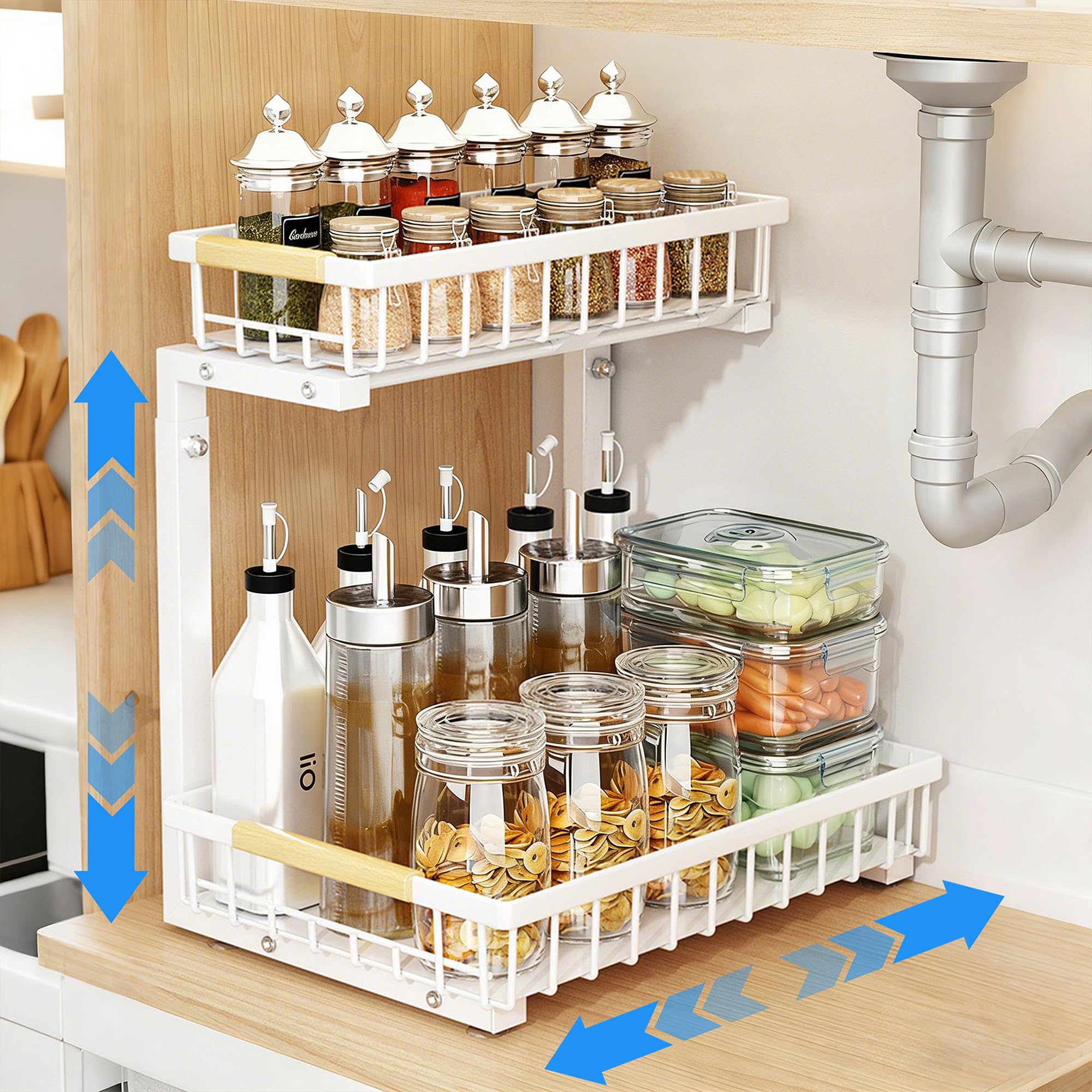 Ecocharm Home White(1Pc) Extra Wide Under Sink Organiser 2 Tier Pull Out - Adjustable Height Sliding Cabinet Shelf For Kitchen Bathroom Cupboard - Heavy Duty Metal Storage Rack With Anti-Slip Base, 1 Pack - White