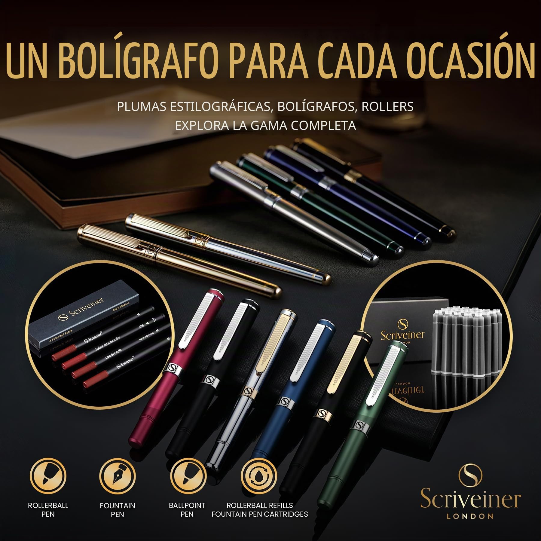 Scriveiner Pluma Estilográfica Negra con Detalles de Chapado en oro auténtico, Plumilla y Convertidor Instalado Schmidt, Incluye Dos Cartuchos de Tinta, Azul y Negro