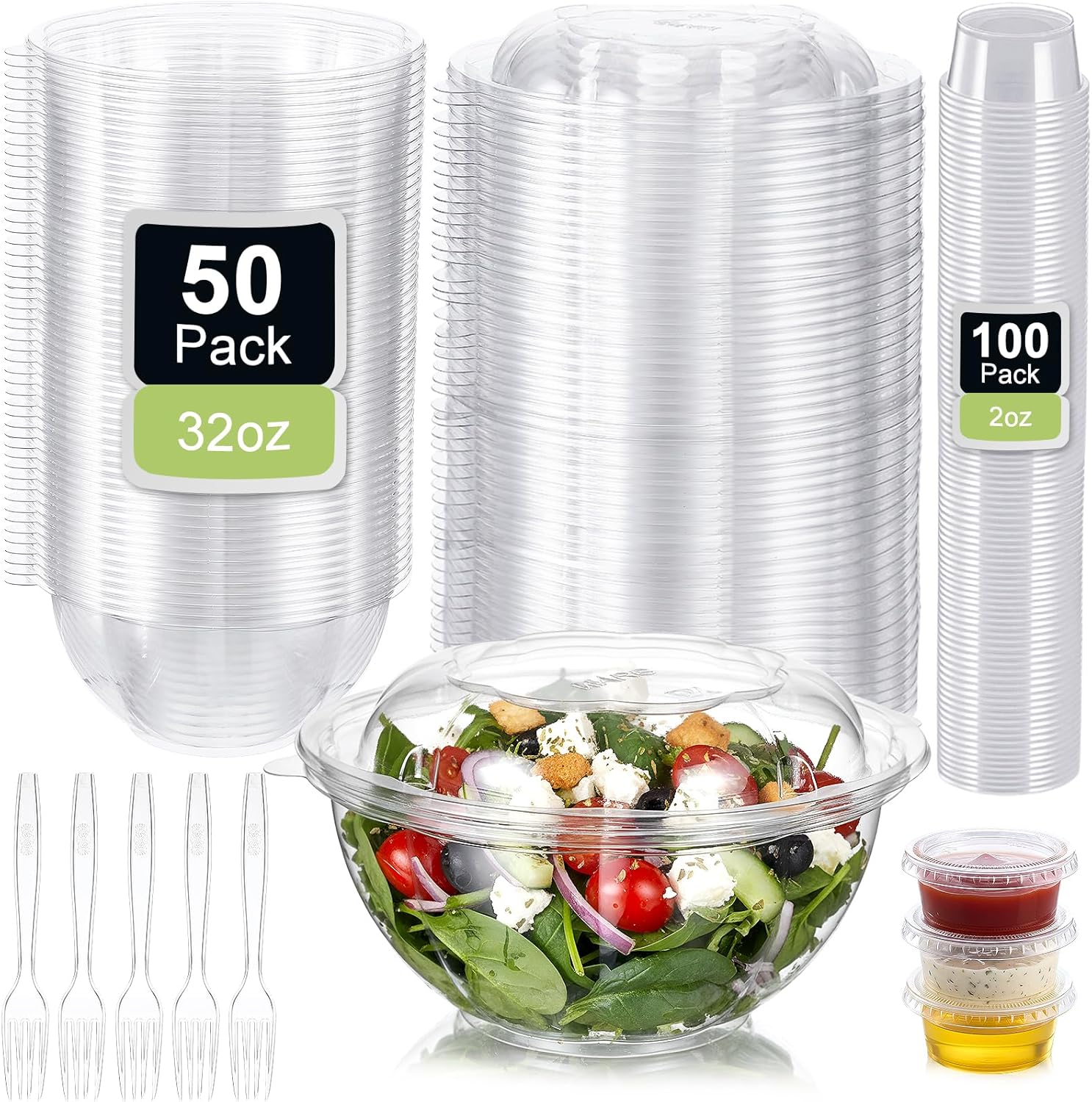 LemonRoad 50 Pack 32 oz Disposable Plastic Salad Bowls with Airtight Lids, 100 Pack 2 oz Plastic Portion Cups with Lids, 50 Pcs Extra-long Forks, Suitable for Meal Lunch Picnic