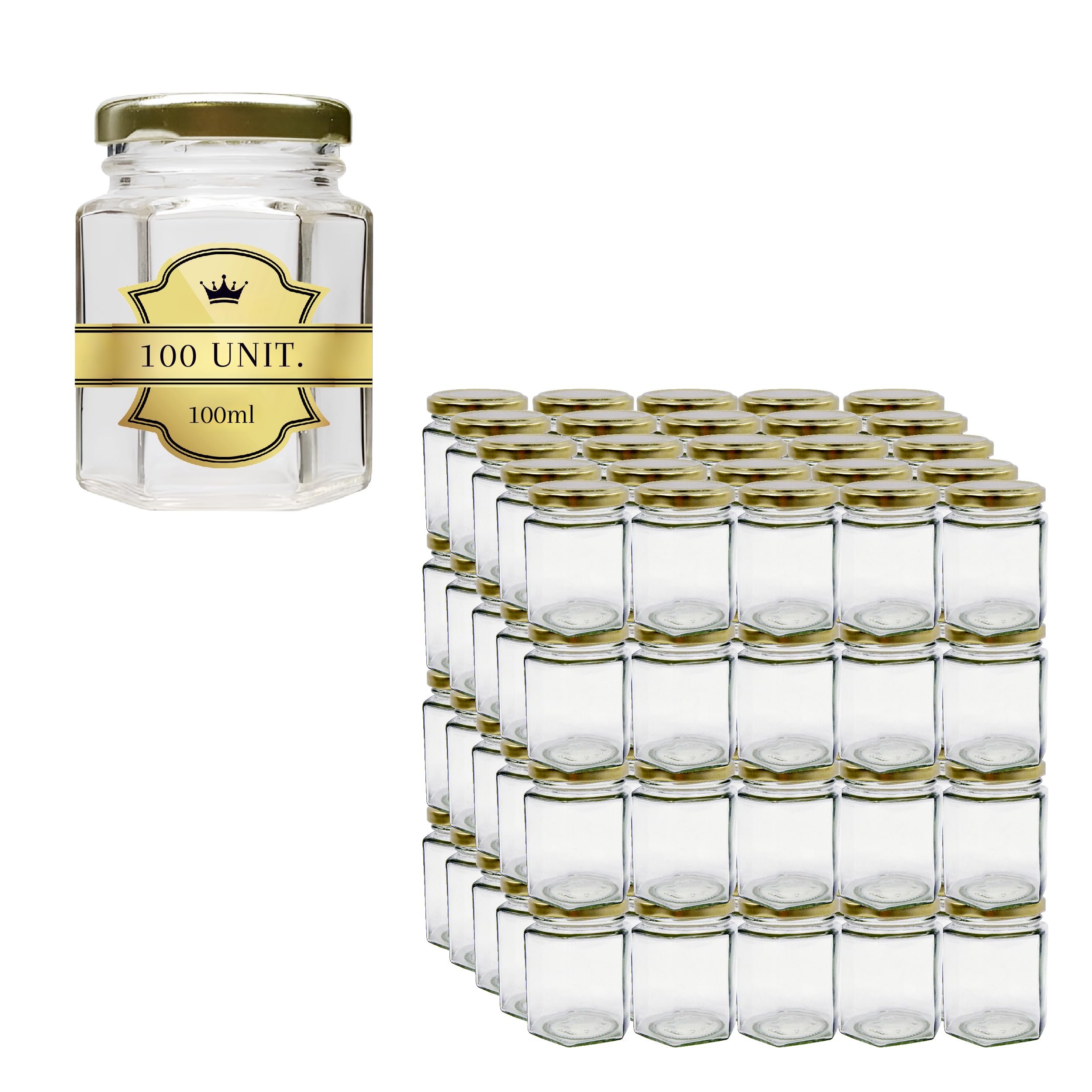 100 tarros de miel hexagonal pequeños con tapa de 100 ml, ideal para la conservación de miel, mermelada, especias, yogur, regalo de invitados, bodas, favores de boda y baby shower