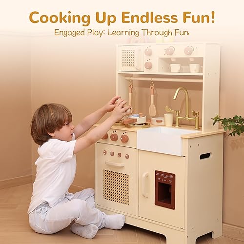 Miniatura 2 de Juego de cocina para niños, juego de cocina de madera con características realistas, pequeño juguete de cocina diseñado ideal para niños pequeños,