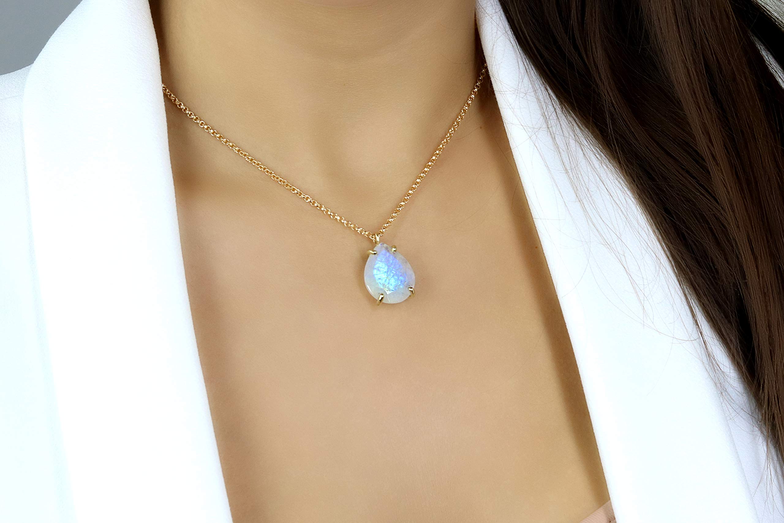 Anemone Schmuck Tropfen Anhänger Natürlichen Mondstein Halskette - Gold Halskette für Frauen - Feiner Schmuck für Besondere Anlässe und Geschenke für Sie - Juni Geburtsstein Halskette - Länge Wählen