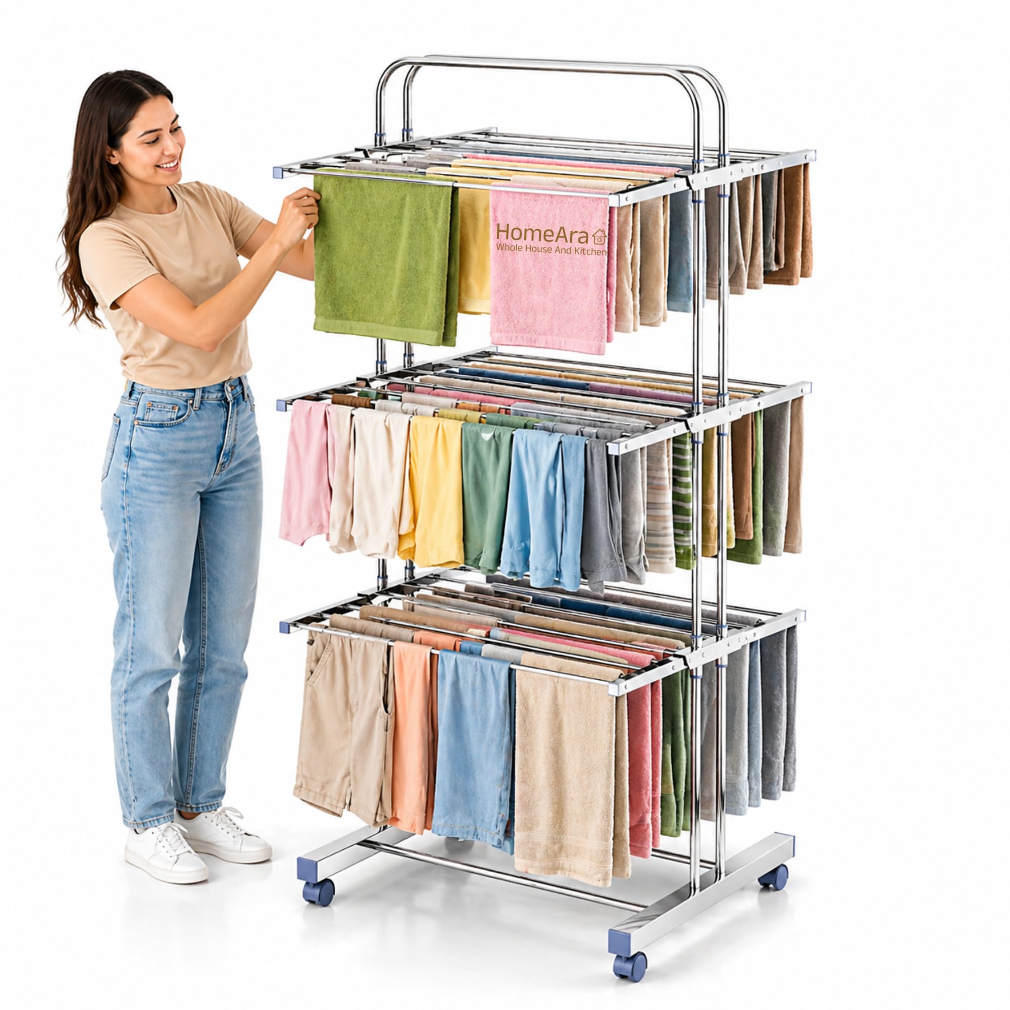 HomeAra Premium Heavy Duty Foldable Stainless Steel Cloth Drying Stand, 3 Tier | Mirror Finish | Laundry Racks | Clothes Stand | Cloth Drying Rack | Foldable and Movable