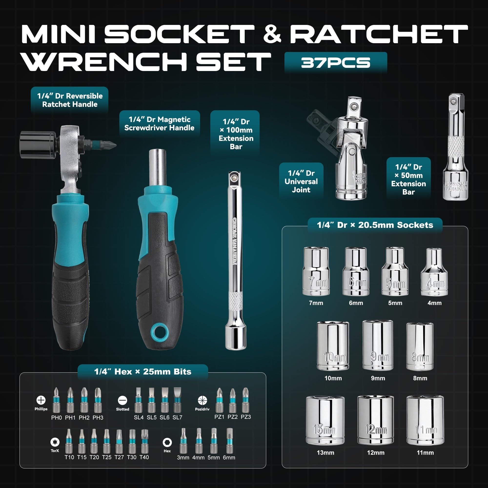 Zestaw mininasadek z grzechotką 1/4" Nasadka magnetyczna gniazdem 4-13 mm, przedłużenia rękojeści Zestaw przedłużek