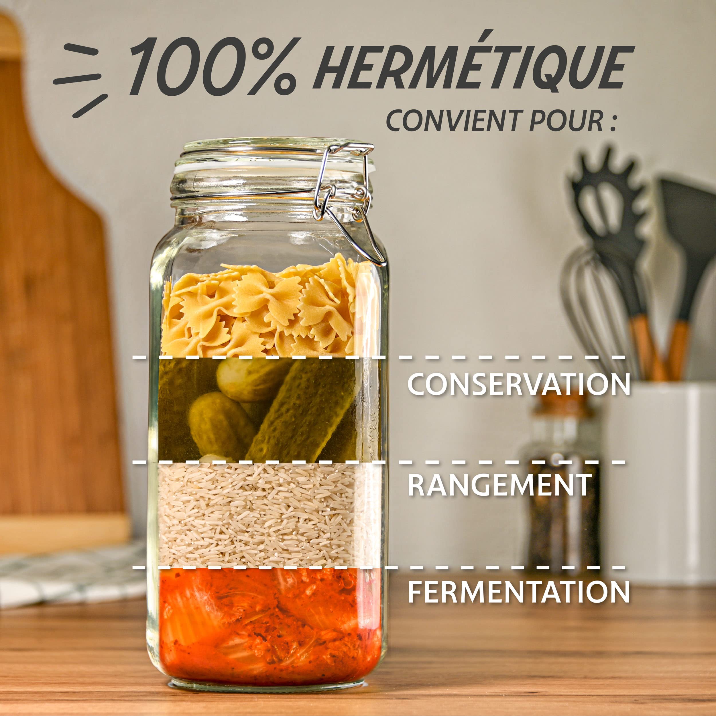 Praknu 3 Bocaux en Verre Hermétiques Grands de 2l - Avec Étiquettes, Marqueur et Joints de Rechange - Gain de Place grâce à leur Forme Angulaire