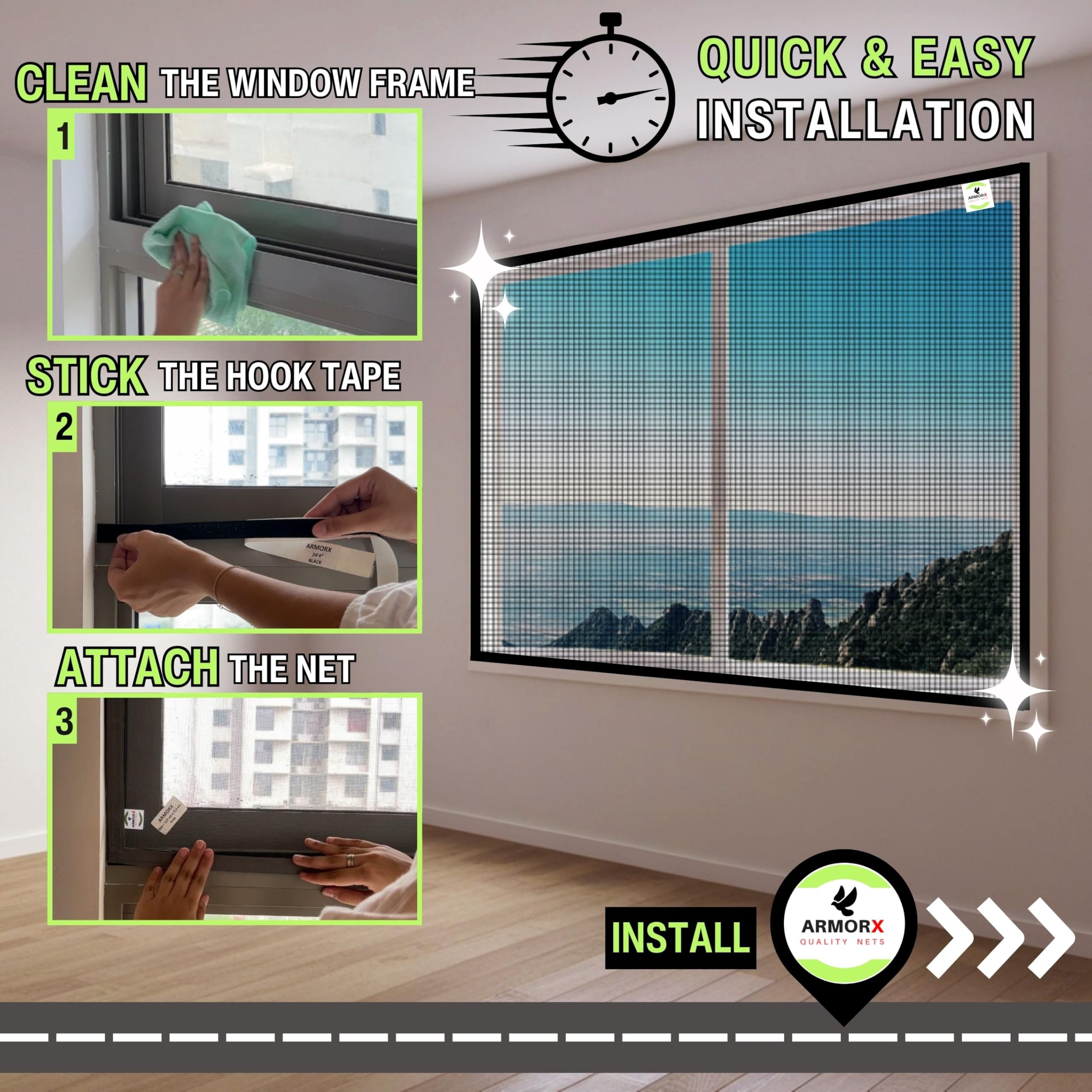 ARMORX Fixed Size Fiberglass Window Mosquito Net | Stitched with Fastener Tape | Windows/Door DIY Bug Insect Mesh | Black - 3x4 feet | 36x48 inch | 91x122 cm 4