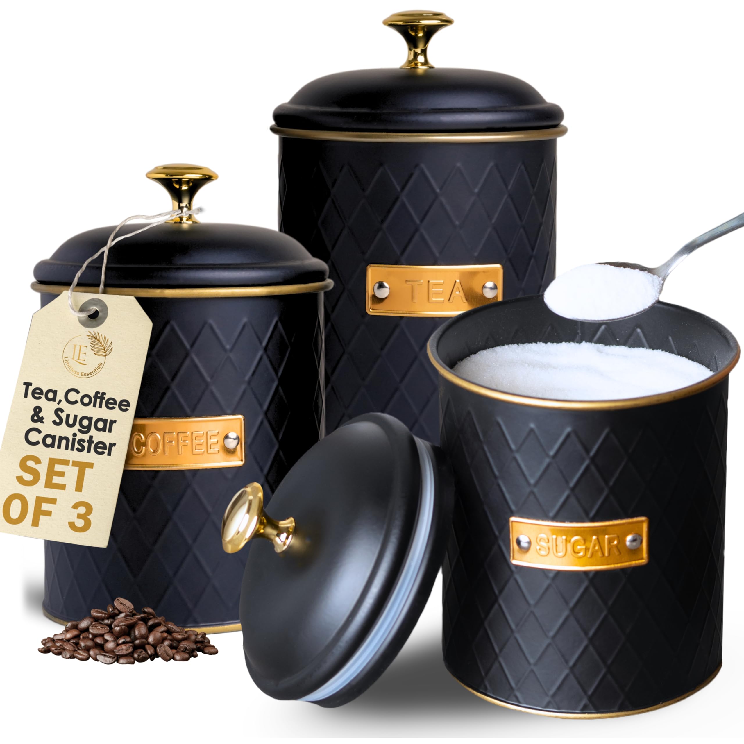 Limitless Essentials Tea Coffee Sugar Canisters, Airtight Metal Jars with 1kg Sugar Capacity, Coffee Tea Sugar Set of 3