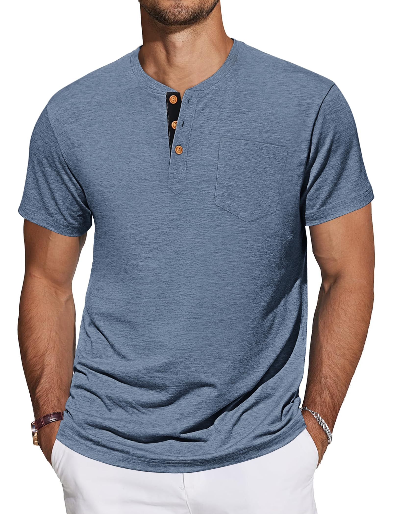 TARAINYA Henley T-Shirt Uomo Cotone Maglietta Maniche Corte Tinta Unita con Tasche Estate M-4XL