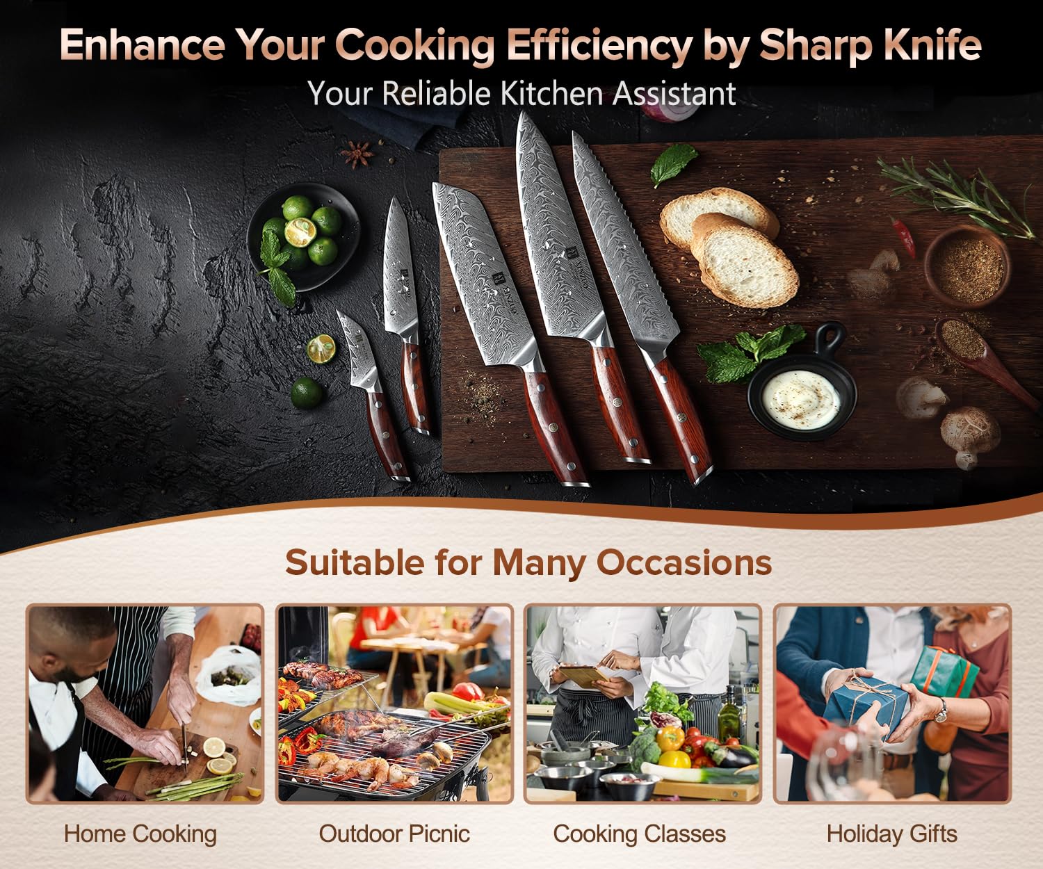 XINZUO Acciaio Damasco Set Coltelli da 7 Pezzi con Portacoltelli, Professionale Coltello da Chef Santoku Pane Universali Frutta, Forbici da Cucina Multifunzione, Manico Rosewood Ergonomico -Yi Serie