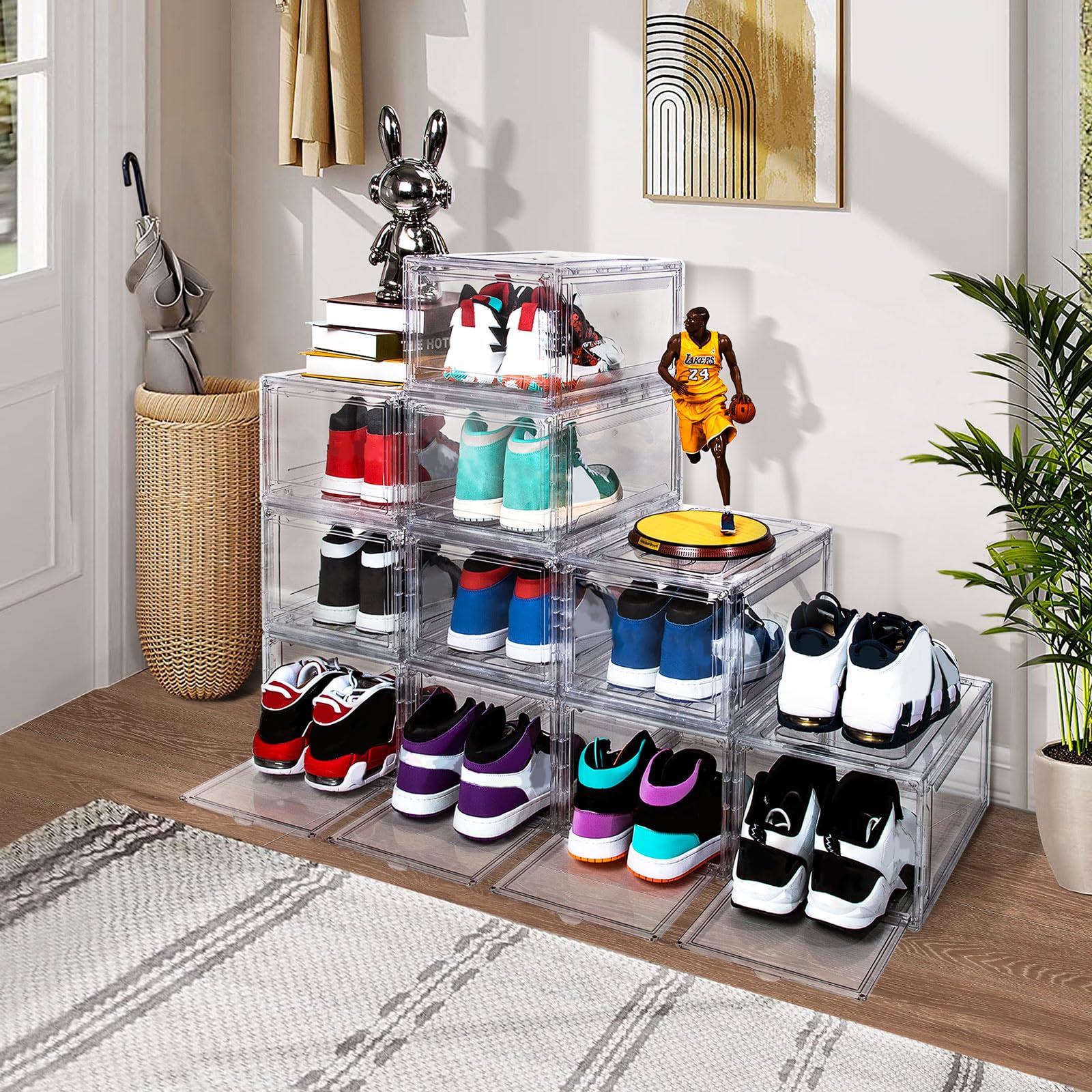 Paquete de 12 Cajas de Zapatos, Caja de Zapatos Frontal caída, Caja apilable de plástico Transparente, contenedores de Zapatos, Caja de exhibición de Zapatos acrílica, Almacenamiento de Tenis,