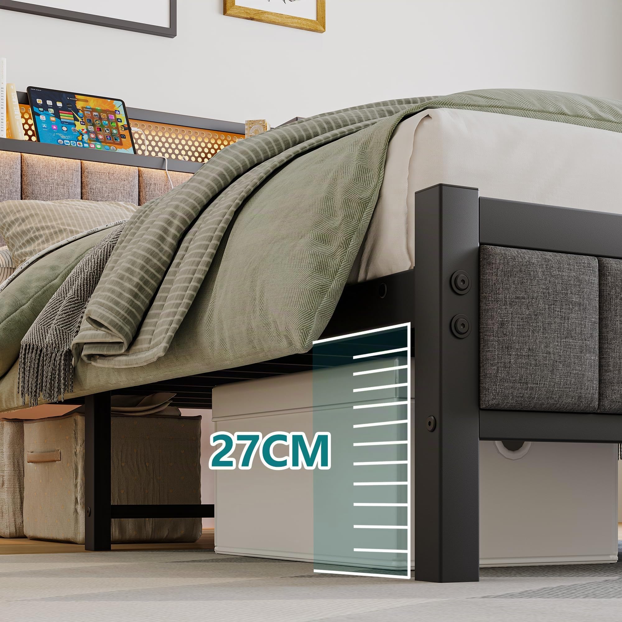 Cadre de lit simple avec LED, station de charge et sommier à lattes, tête de lit, en métal, 90 x 200 cm, gris