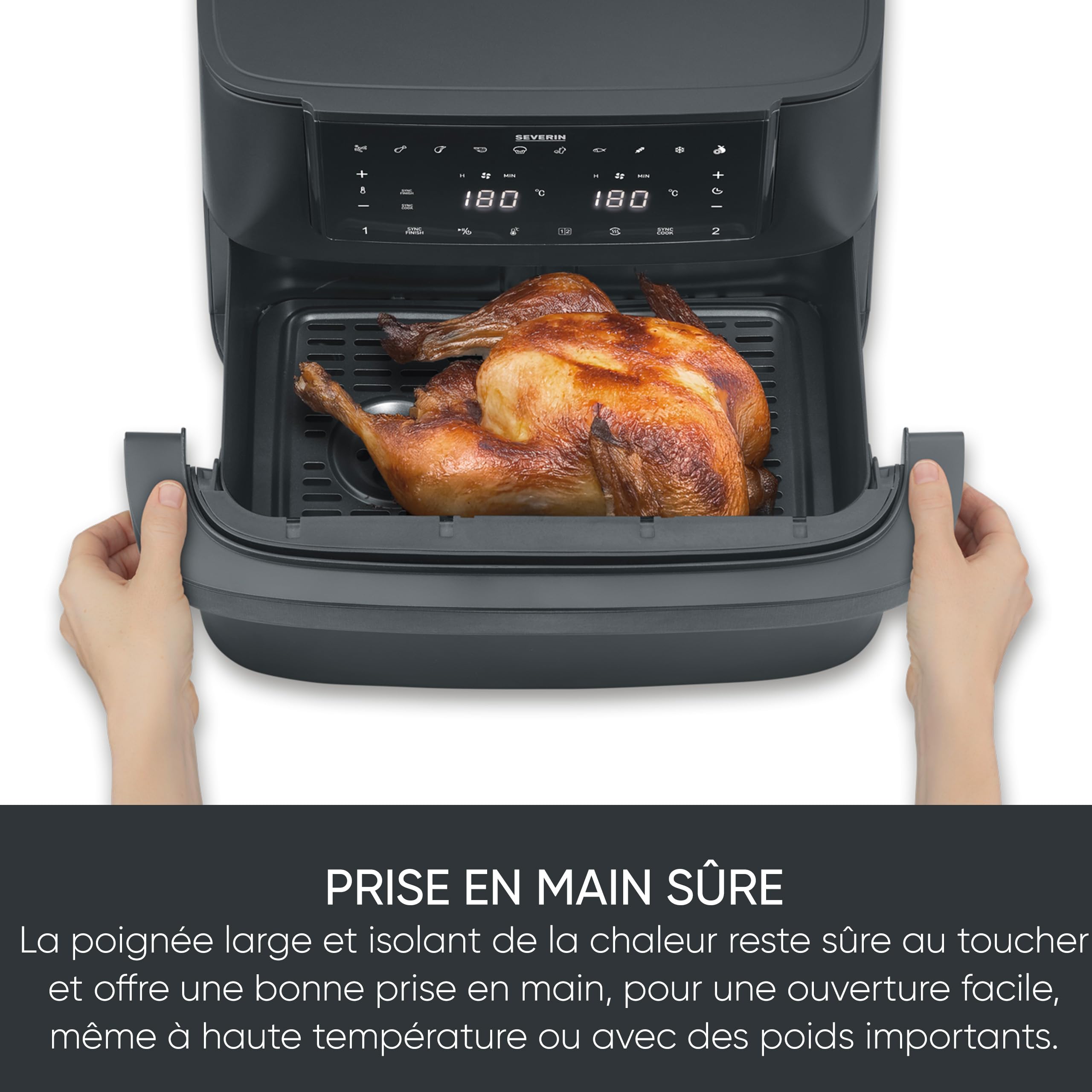 SEVERIN Friteuse à air chaud « Max Zone Flex », Friteuse sans huile avec technologie à air chaud, Air fryer à panier modulable de 9 L, Multicuiseur avec 10 programmes, Noir, FR 9599
