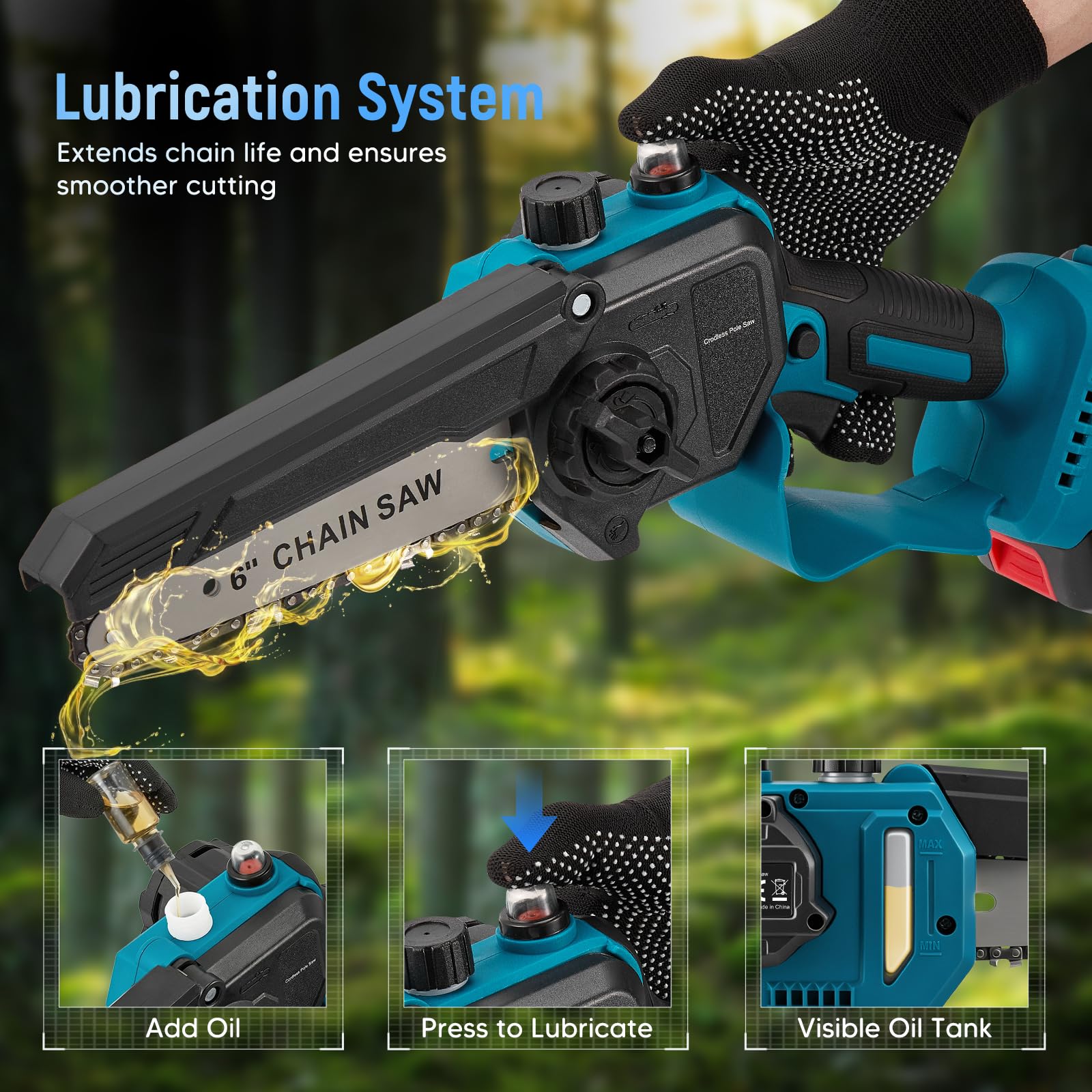Podadora de pértiga inalámbrica 4 en 1, mini motosierra sin escobillas de 6 y 8 pulgadas con 2 baterías de 4000 mAh, alcance de 4,6 m, herramienta de jardinería para poda y corte de ramas