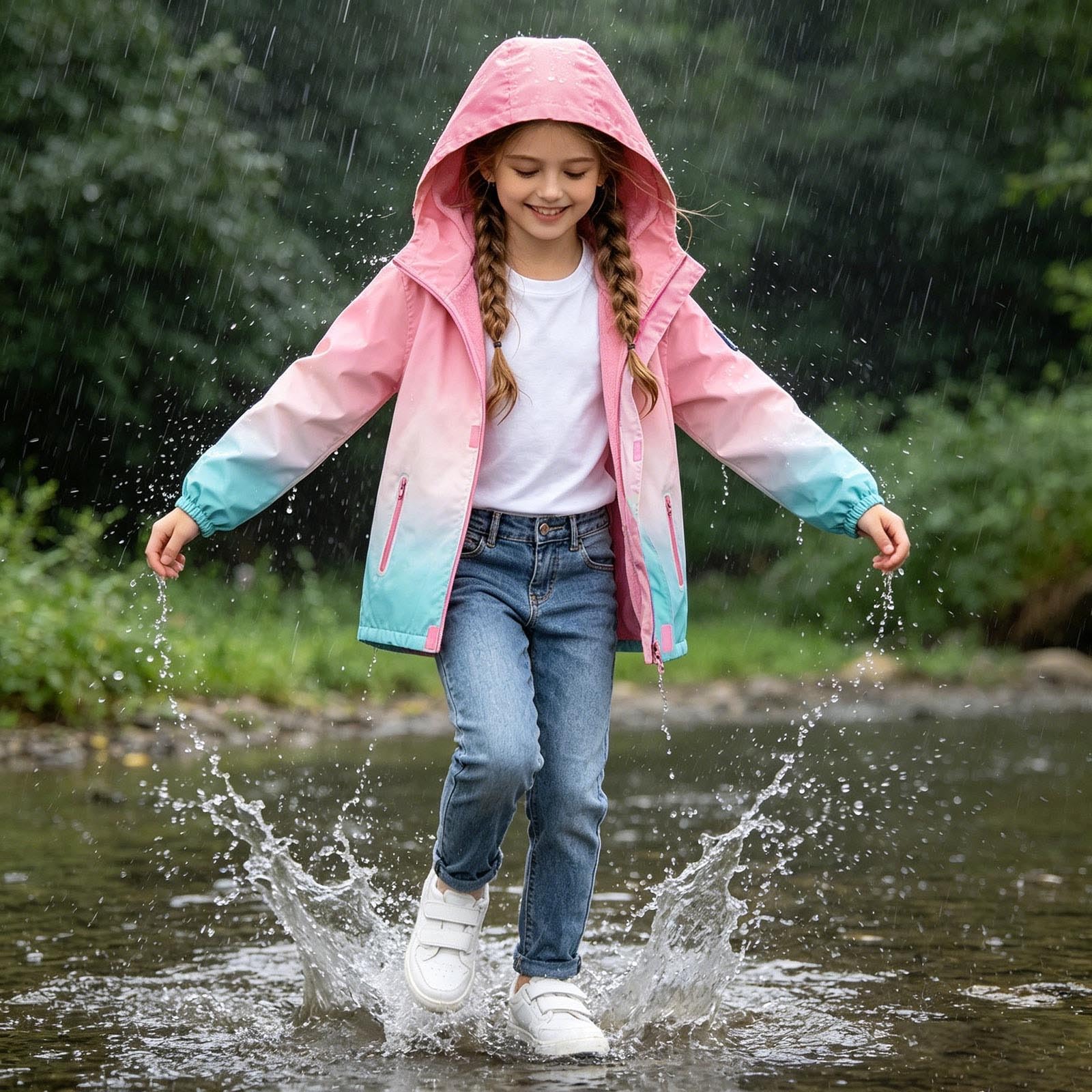 Manteau Pluie Enfant,Pull-Over à Capuche Et Manches Longues Pour Filles Avec Fermeture éClair Imprimé DéGradé Et éLéMents RéFléChissants Convient Aux Enfants De 5 à 13 Ans