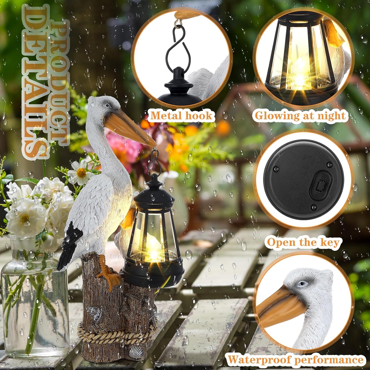 Tuanse 11.4 Inch Pelican Garden Statue with Solar Lantern Ocean Bird Statue Pelican Solar Light for Outside Decor Sculptures Statues Lights for Lawn Decor Unique Ornament Women Mom Gift