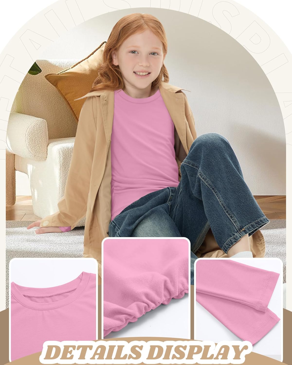 3 Pack Girls Long Sleeve Shirts Kids Slim Fit Crew Neck Tops Ruched Soft Basic Undershirts Layering Tees 5-14 Years - Image 5
