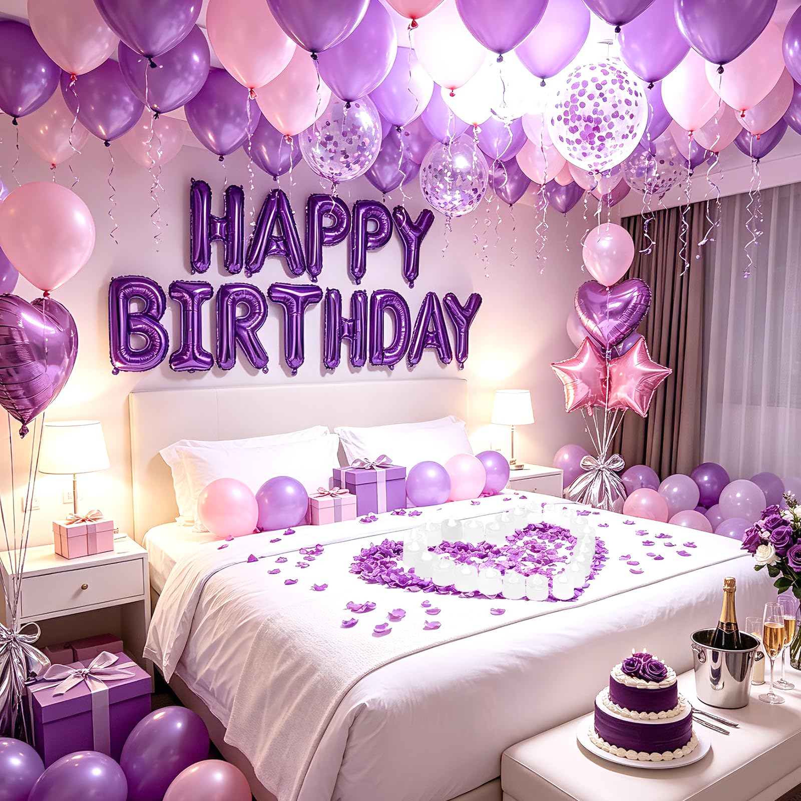 Globos de cumpleaños morados y rosados, decoración de globos de cumpleaños rosa y morado, pancarta con globo de estrella y corazón, 1000 pétalos de rosa artificiales, 24 velas LED sin llama para