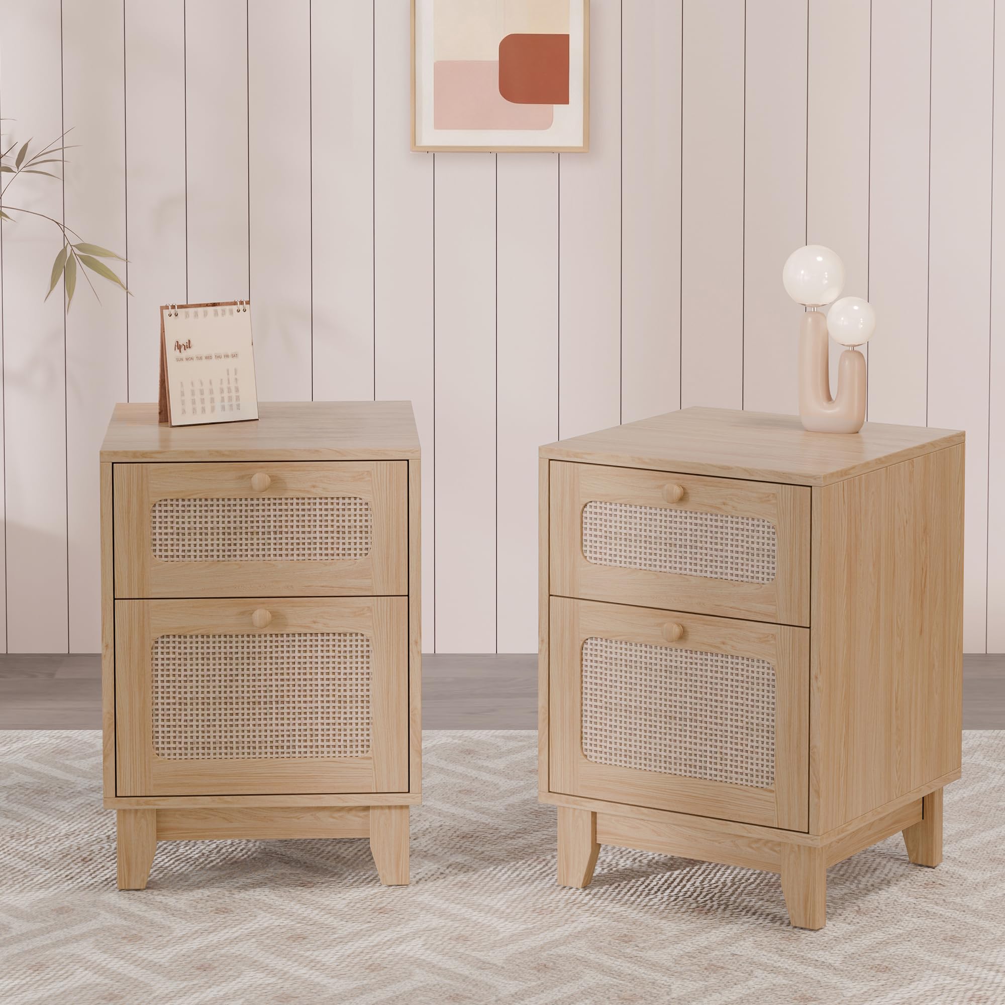 Modern Rattan Nightstand Set of 2, Wicker Rattan Stand with Drawer and Charge Station, Wooden Bedside Table for Small Spaces, Natural Wood Side Table