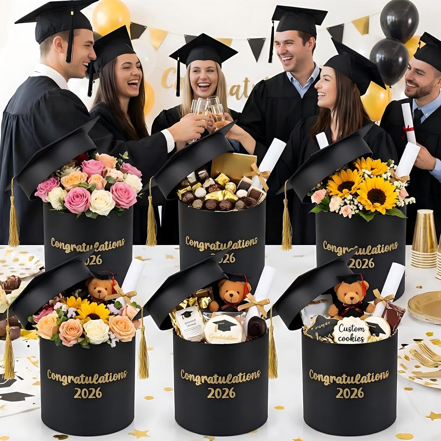 BreezeHug 6 Pcs Graduation Cap Flower Gift Boxes 2026, Congratulations Graduation Centerpiece Gift Box Holders for Bouquet Arrangements, Candy, Keepsake Party Table Decorations