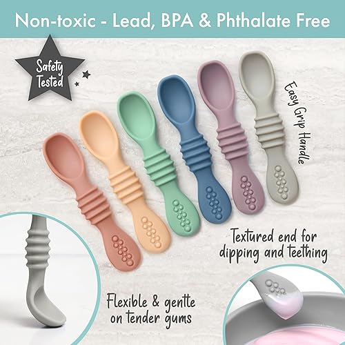Vista 8 de PrimaStella Juego de cucharas masticables de silicona para bebés y niños pequeños, seguridad probada, sin BPA, apta para microondas, lavavajillas
