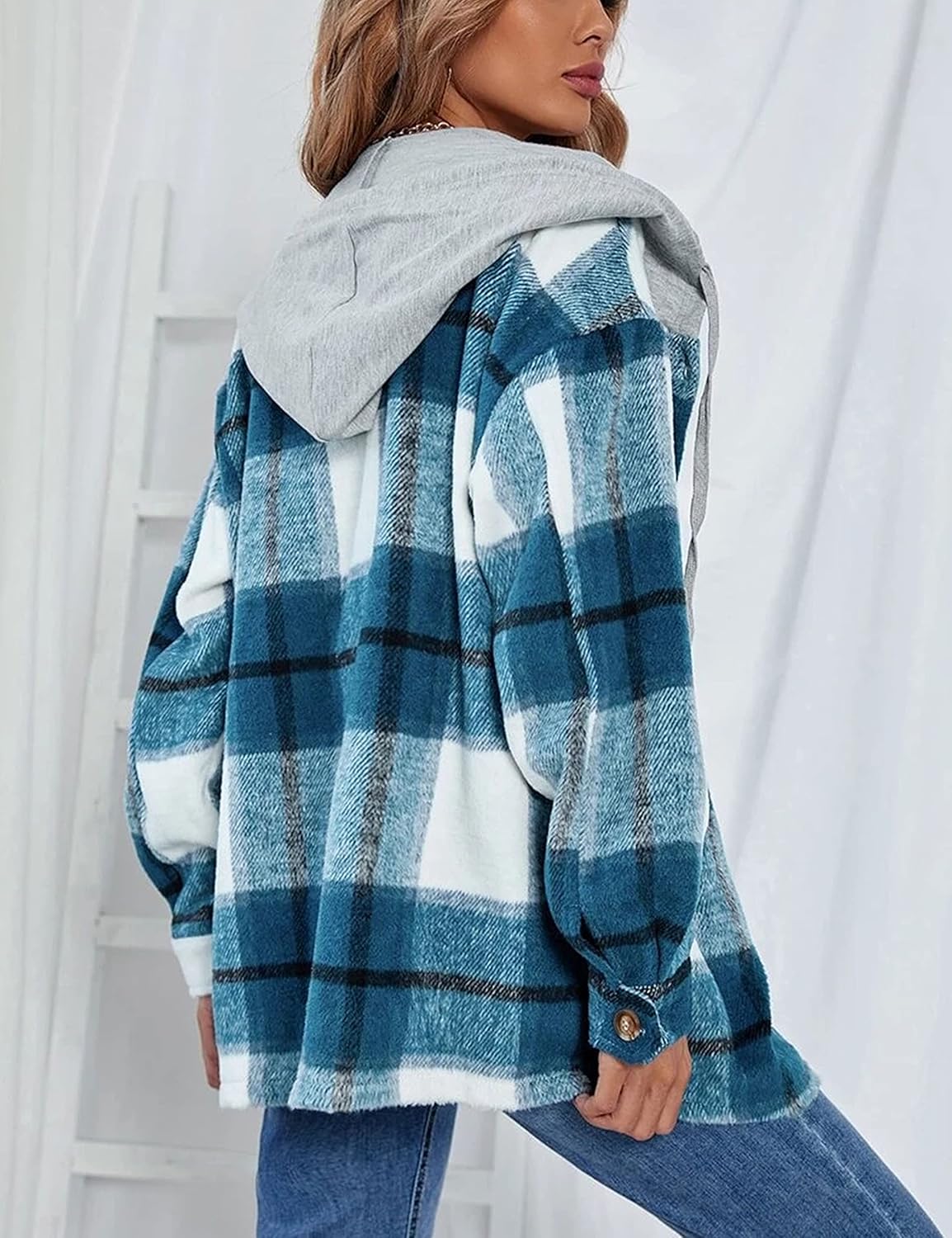 Zontroldy Womens Hooded Shacket Jacket Oversized Casual Flannel Plaid Wool Blend Button Down Shirt Coat Jackets - Image 5