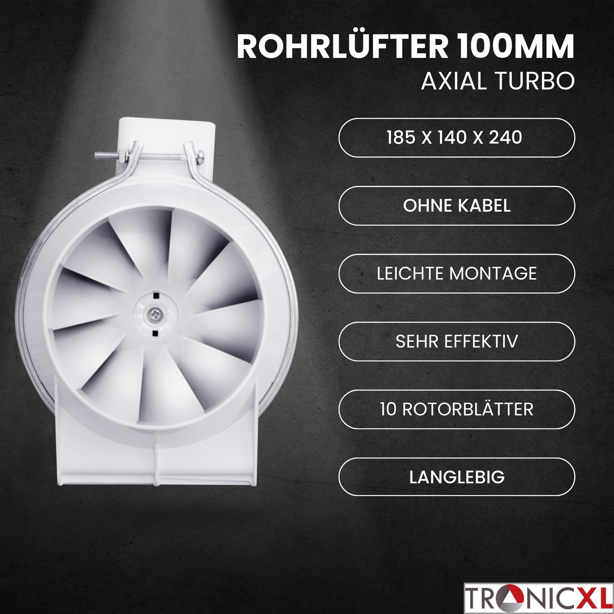 TronicXL Turboventilator Axial Rohrventilator 100mm leise I Rohrlüfter Abluftventilator Abluft/Zuluft Lüfter Ventilator Bad Küche Garage Rauchabzug Werkstatt