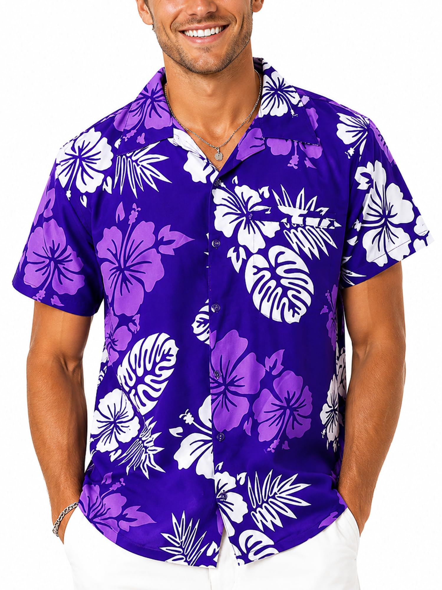 King Kameha Floral Hawaiian Shirt for Men – Tropical Men’s Hawaiian Shirt Short Sleeve, Mono-Hibiscus, Purple-White, XXL
