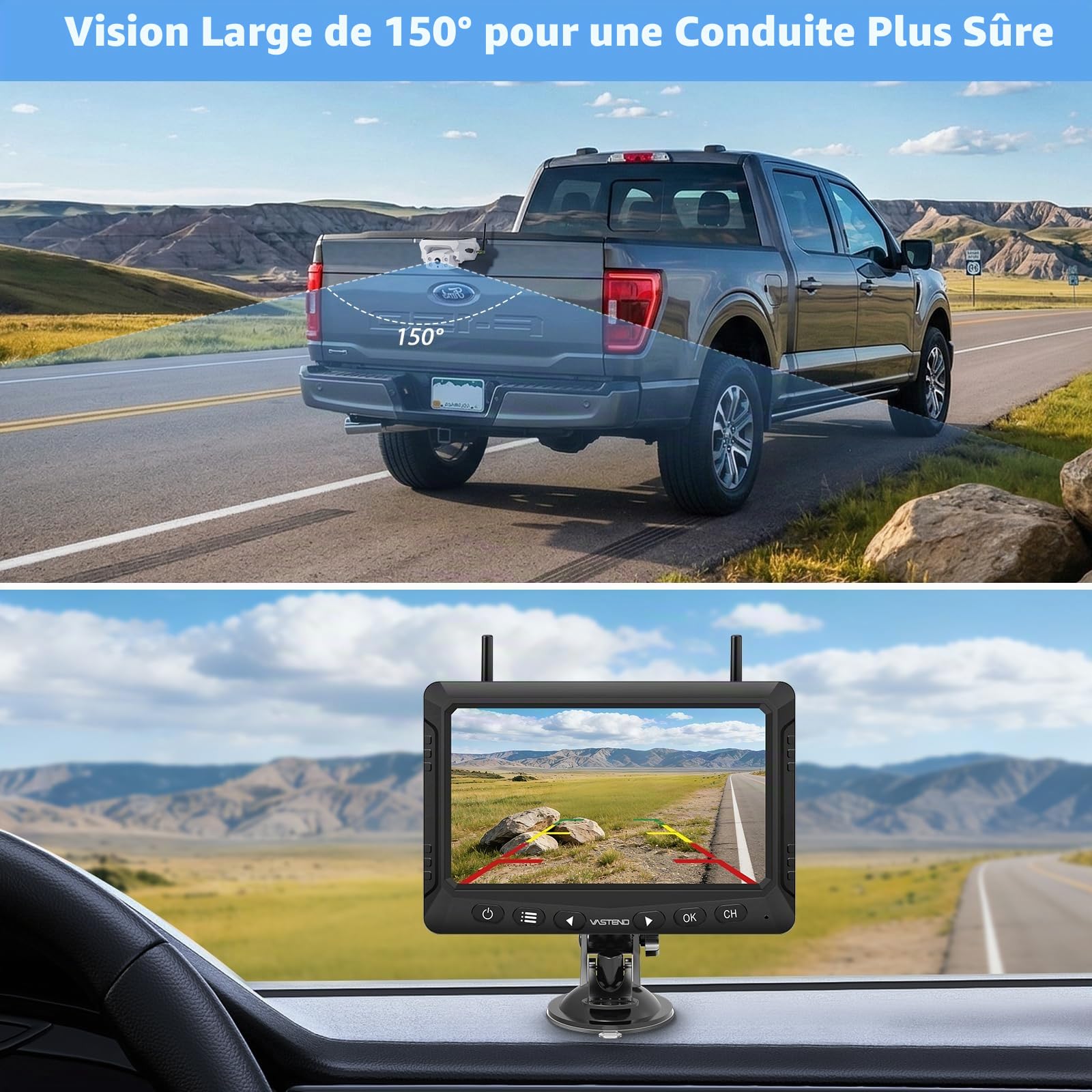 Caméra de Recul sans Fil Solaire avec Écran 7", Système de Recul Numérique HD 1080P, Batterie 10000mAh & Support Magnétique, Étanche IP69K pour Camping-Car, Camion, Remorque(VS-7F)