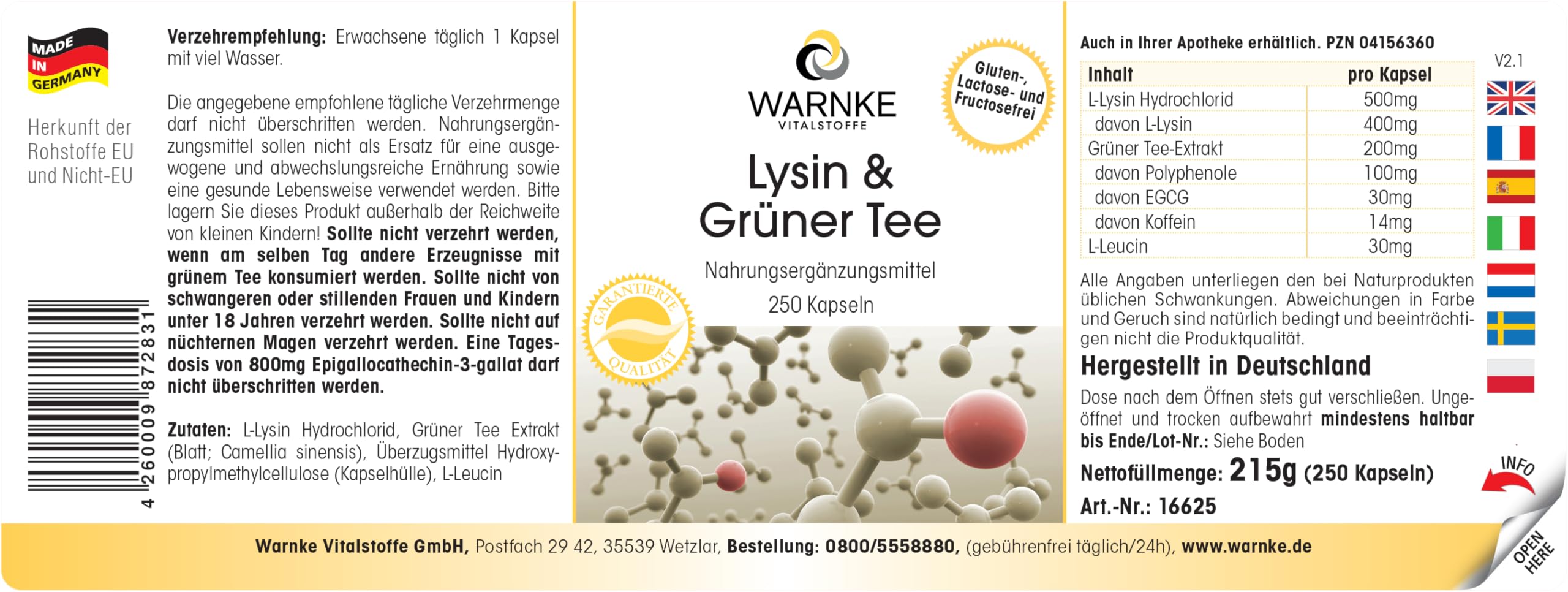 L-lisina e tè verde - 250 capsule - polifenoli - EGCG - caffeina - vegano e ad alto dosaggio - confezione grande | Warnke Vitalstoffe - Qualità farmaceutica tedesca